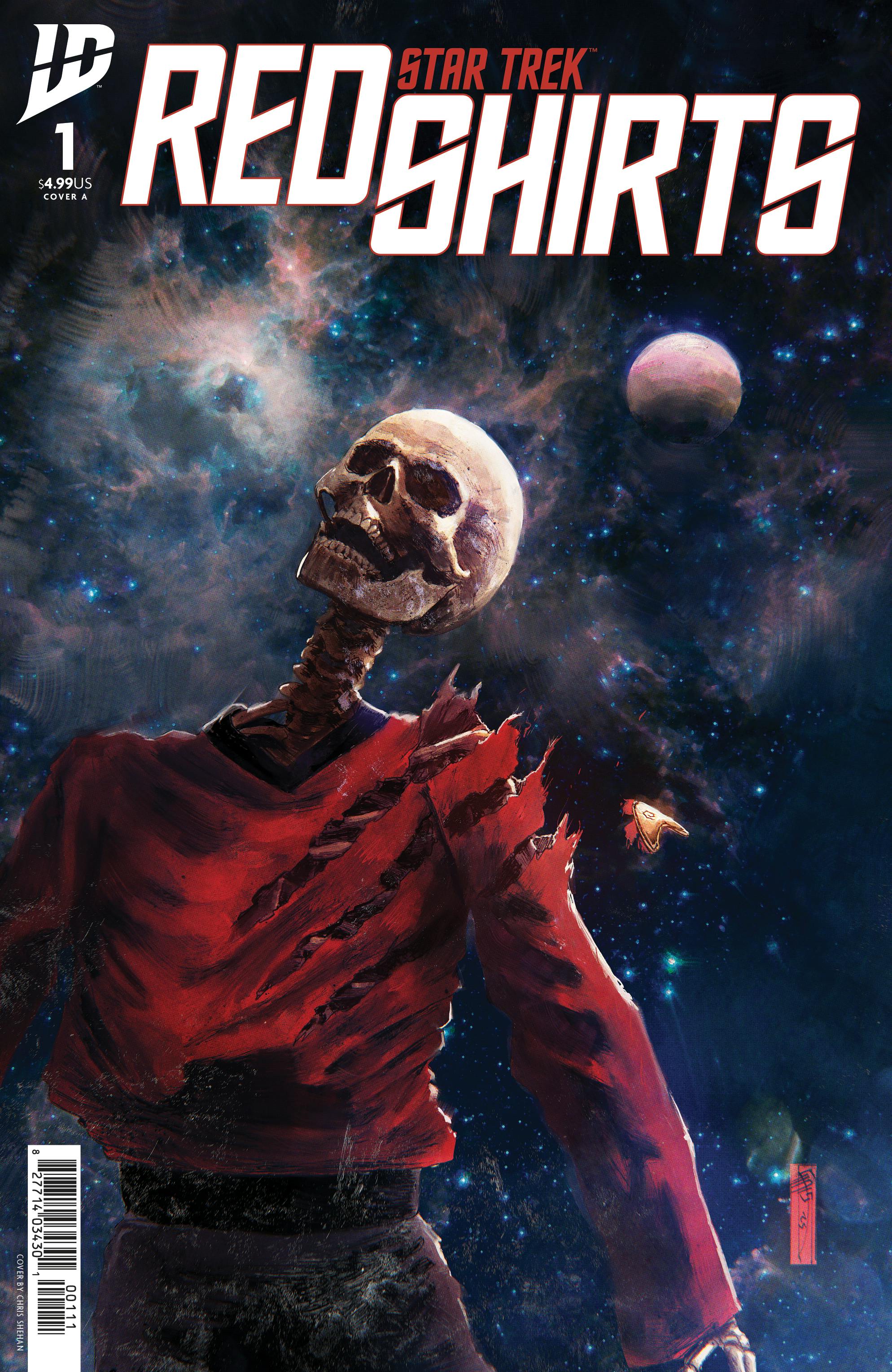 STAR TREK: RED SHIRTS #1 Cover A by Chris Shehan featuring a skeleton in a tattered red Starfleet uniform