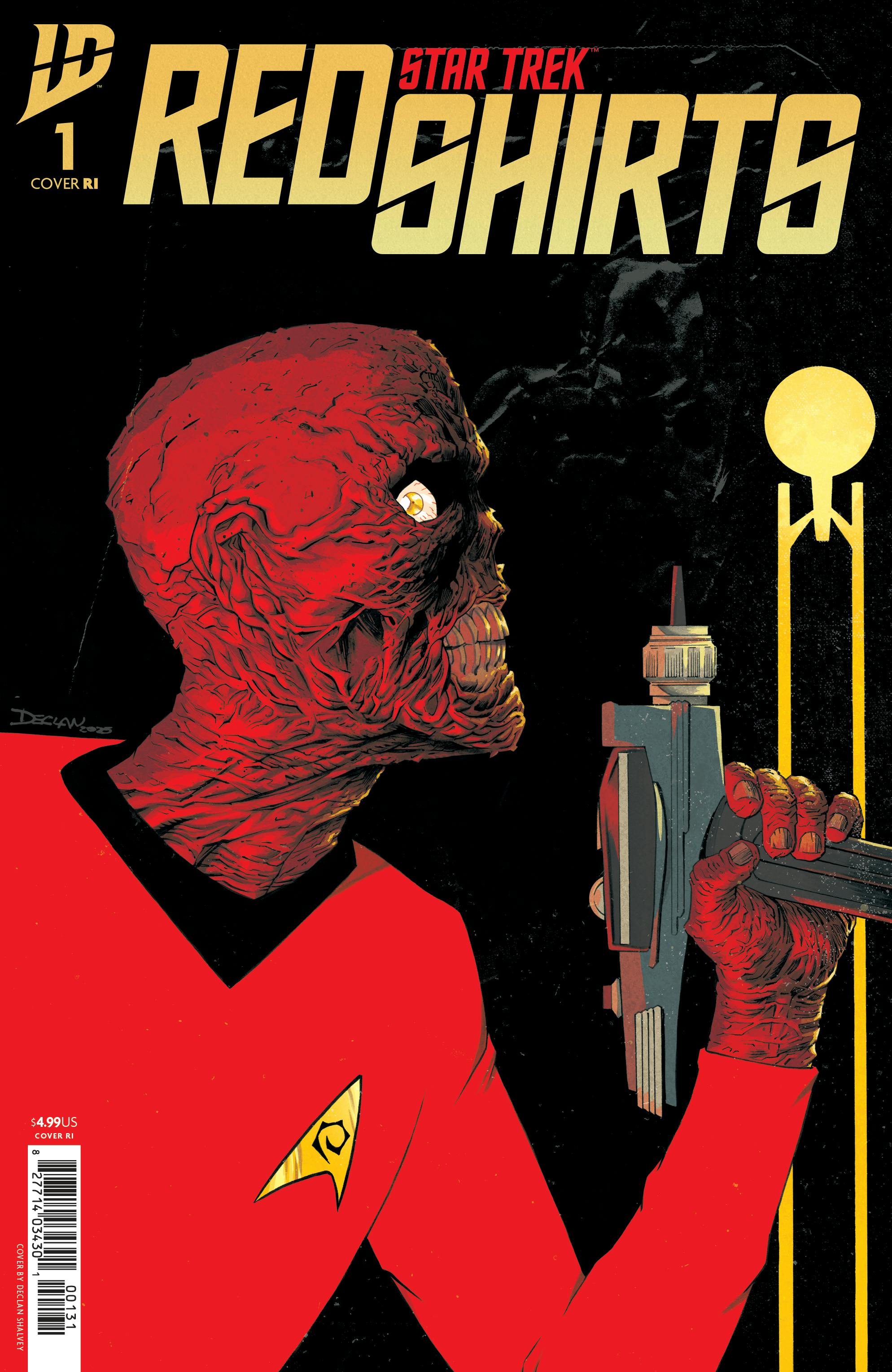 STAR TREK: RED SHIRTS #1 Retailer Incentive Cover by Declan Shalvey featuring a skeleton in a red shirt gripping a blaster