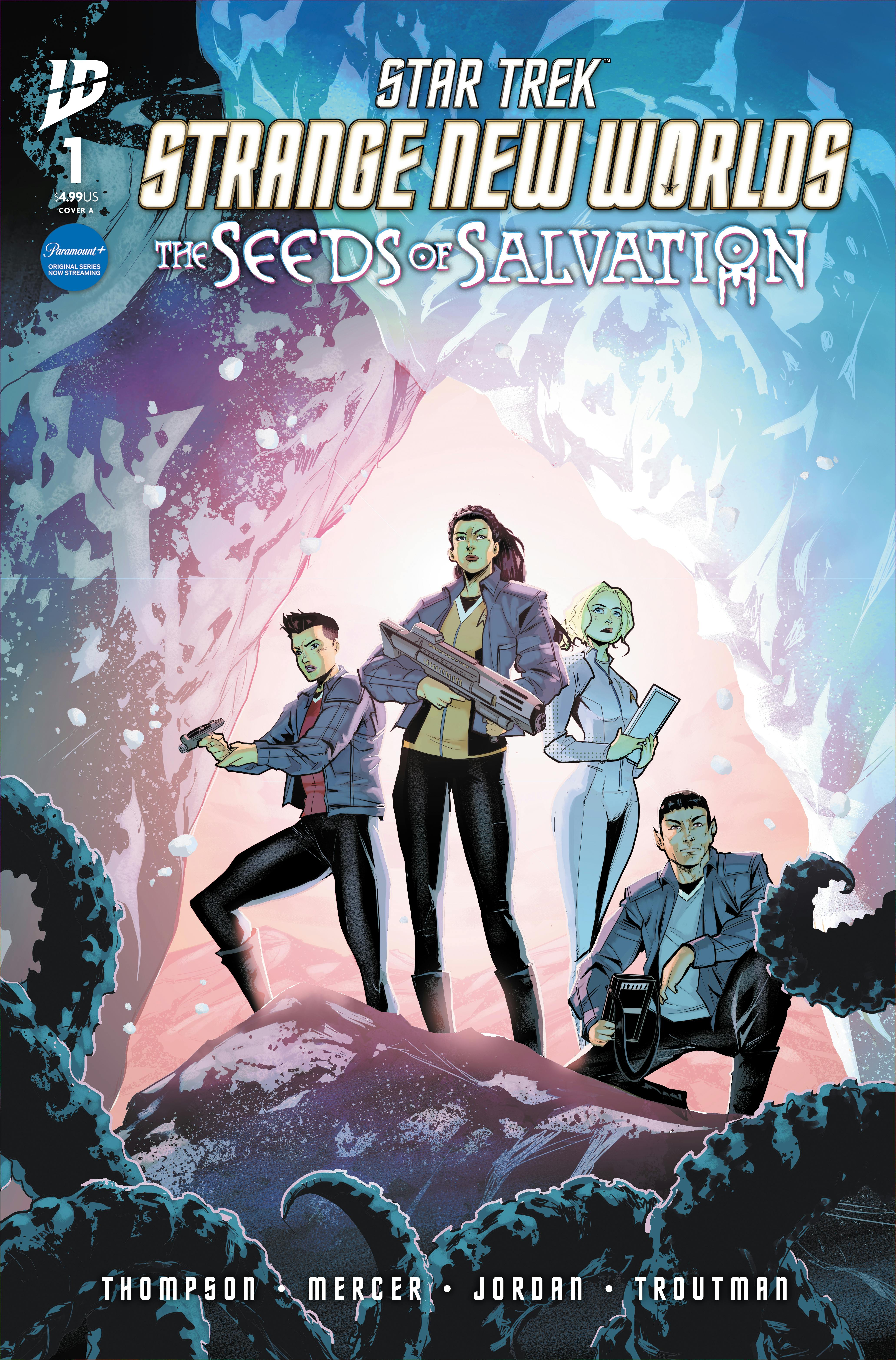 STAR TREK: STRANGE NEW WORLDS - THE SEEDS OF DESTRUCTION #1 Cover A by Travis Mercer and JP Jordan featuring the crew of the U.S.S. Enterprise on the surface of a planet