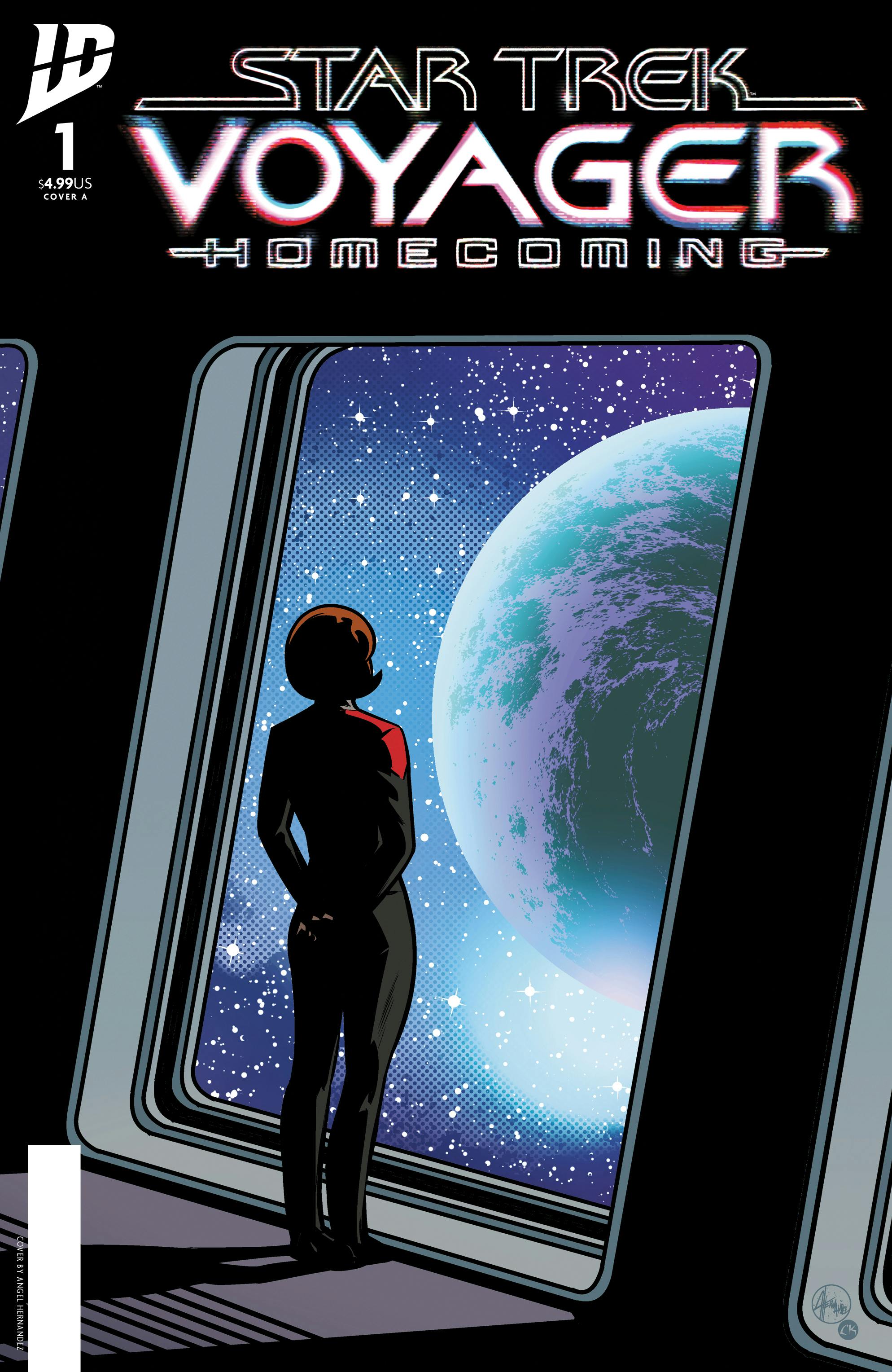 STAR TREK: VOYAGER - HOMECOMING #1 Cover A by Angel Hernandez and Charlie Kirchoff featuring Captain Janeway with her arms clasped behind her looking out the window at a planet