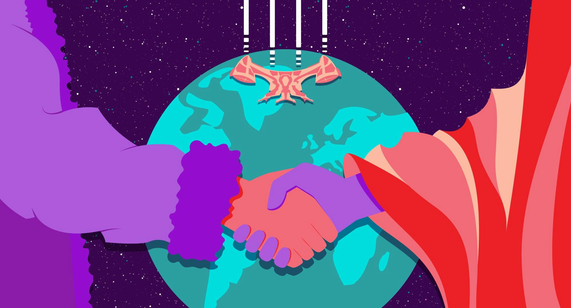 Illustrated banner featuring Cochrane and the Vulcan leader shaking hands on First Contact Day