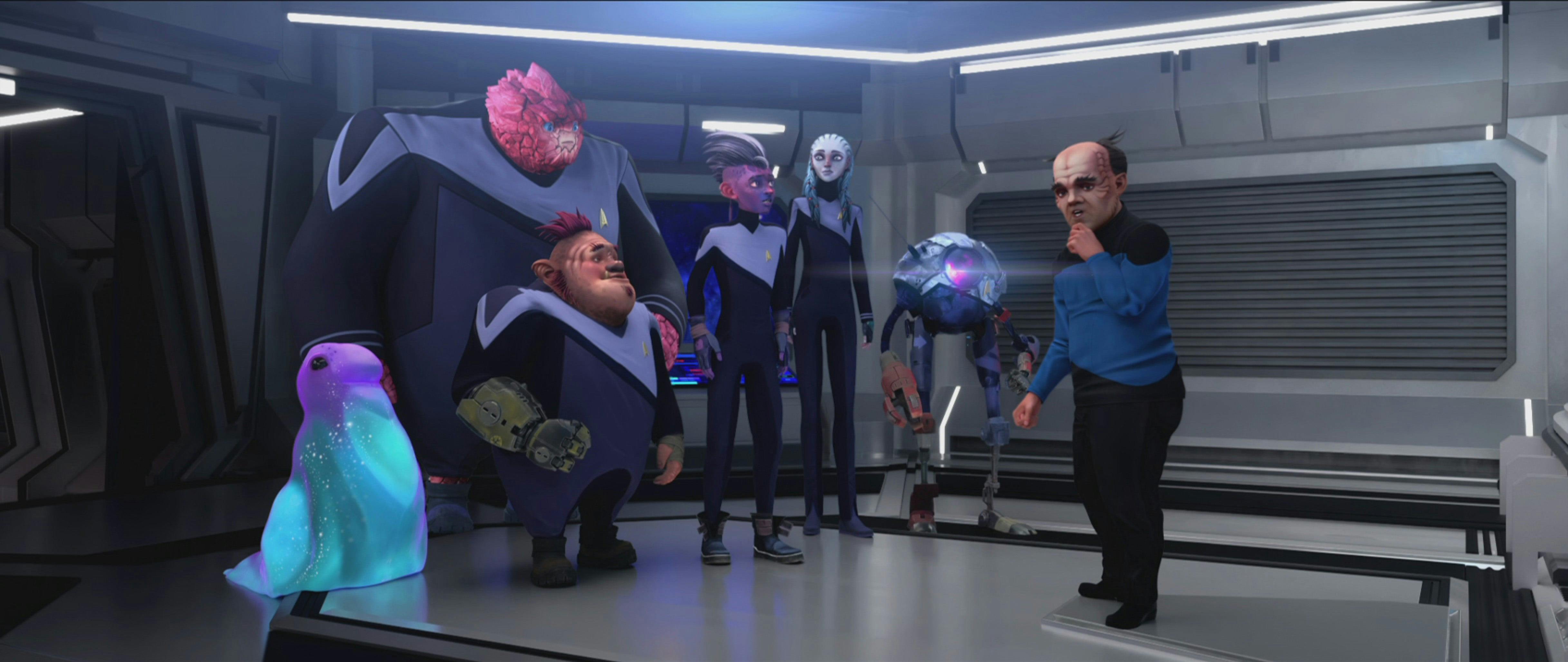 Murf, Rok-Tahk, Jankom Pog, Dal, Gwyn, and Zero stand in front of Barniss Frex at a Starfleet Relay Station in Star Trek: Prodigy