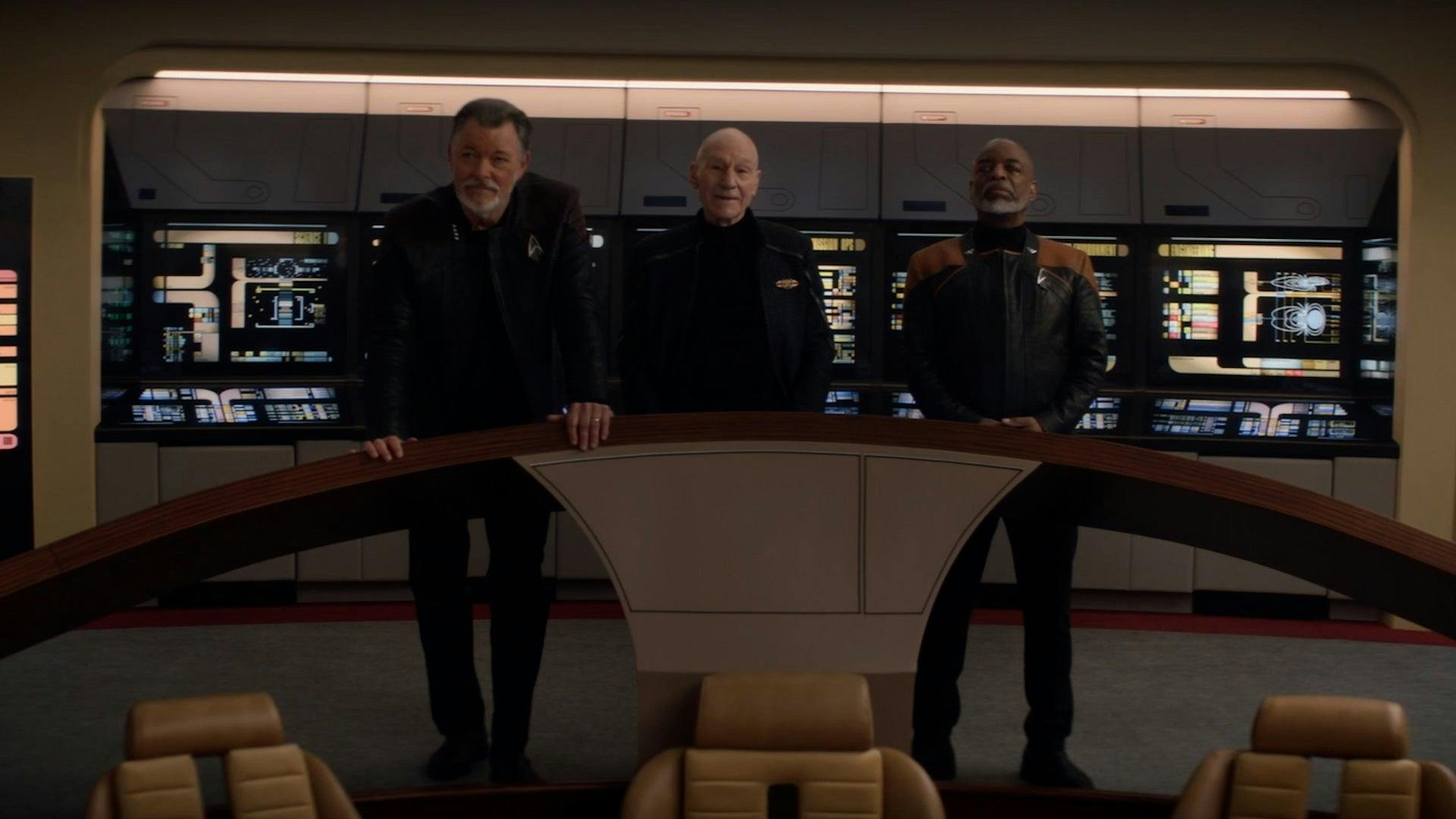 Riker, Picard, and Geordi stand on the bridge of the reconstructed Enterprise-D in 'The Last Generation'
