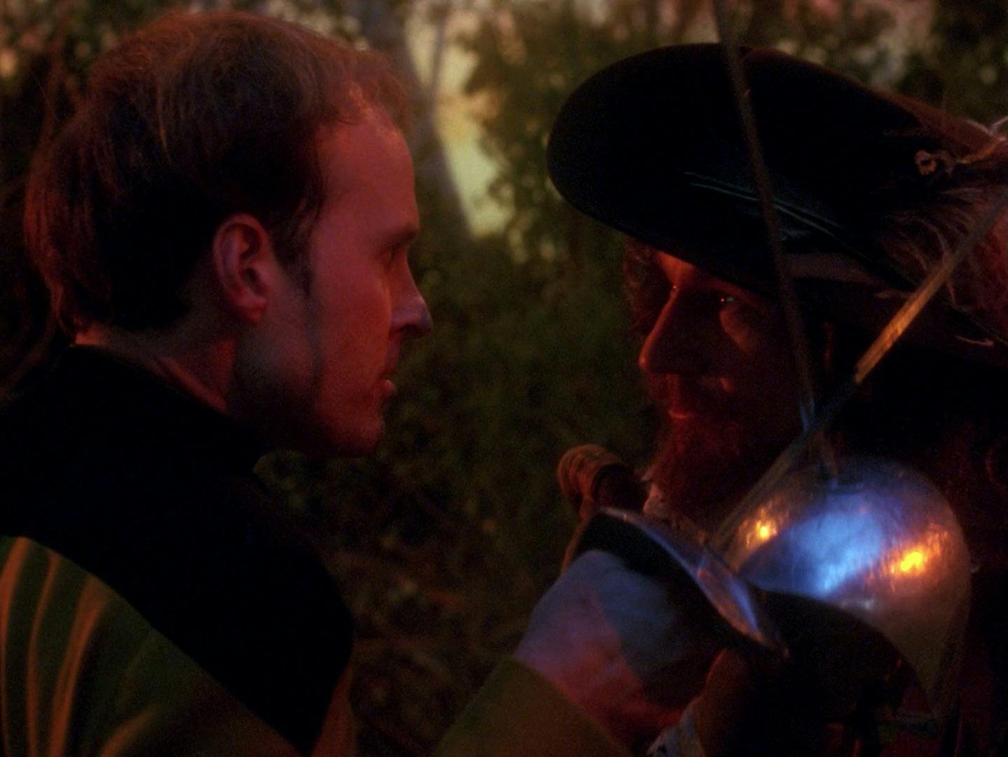 Barclay and Holo-Picard engage in swordplay on the Holodeck in Star Trek: The Next Generation