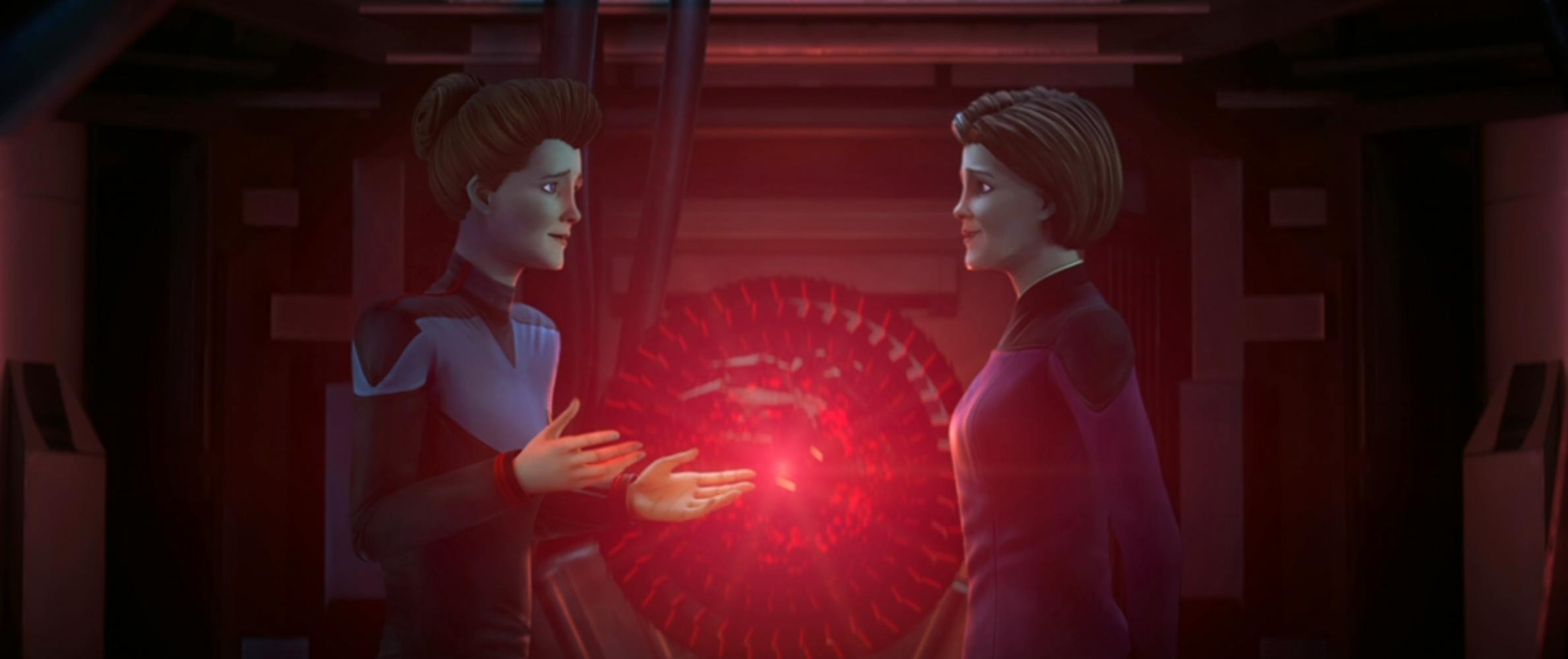 Holo-Janeway faces Vice Admiral Janeway in front of the Living Construct on Star Trek: Prodigy