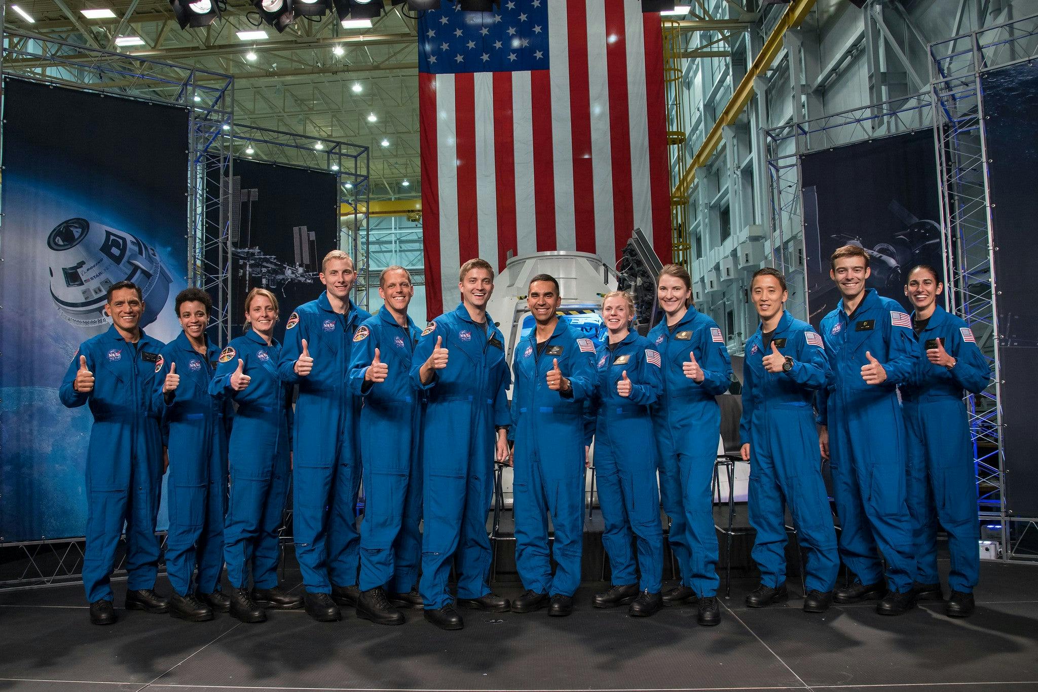NASA introduced 12 new astronaut candidates, (from left) Francisco Rubio, Jessica Watkins, Loral O’Hara, Warren Hoburg, Robert Hines, Mathew Dominick, Raja Chari, Zena Cardman, Kayla Barron, Jonathan Kim, Robb Kulin and Jasmin Moghbeli, at NASA’s Johnson Space Center in Houston, Texas.