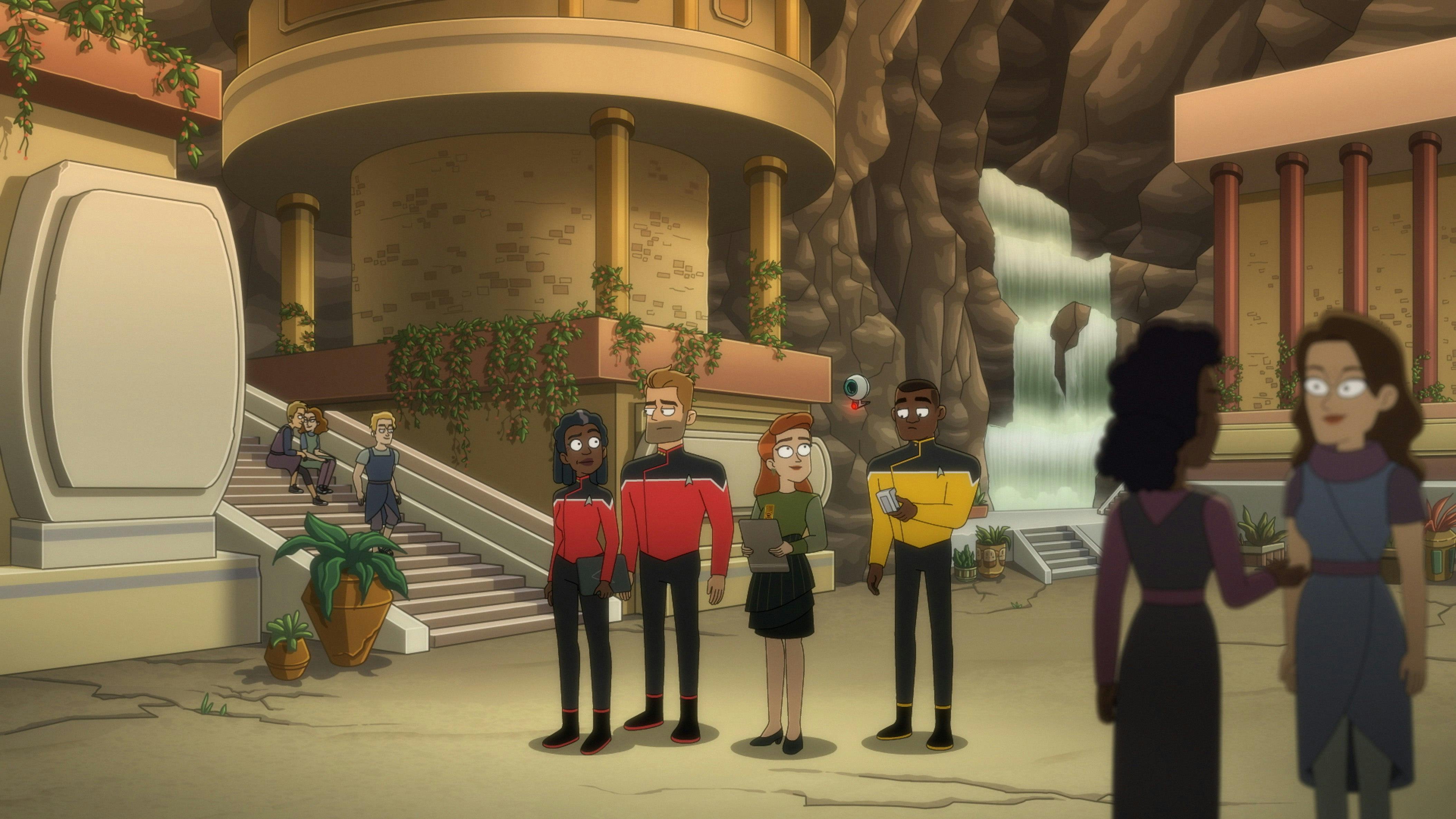 Captain Freeman, Commander Rutherford, and an ensign - along with a reporter - beam down to a planet.