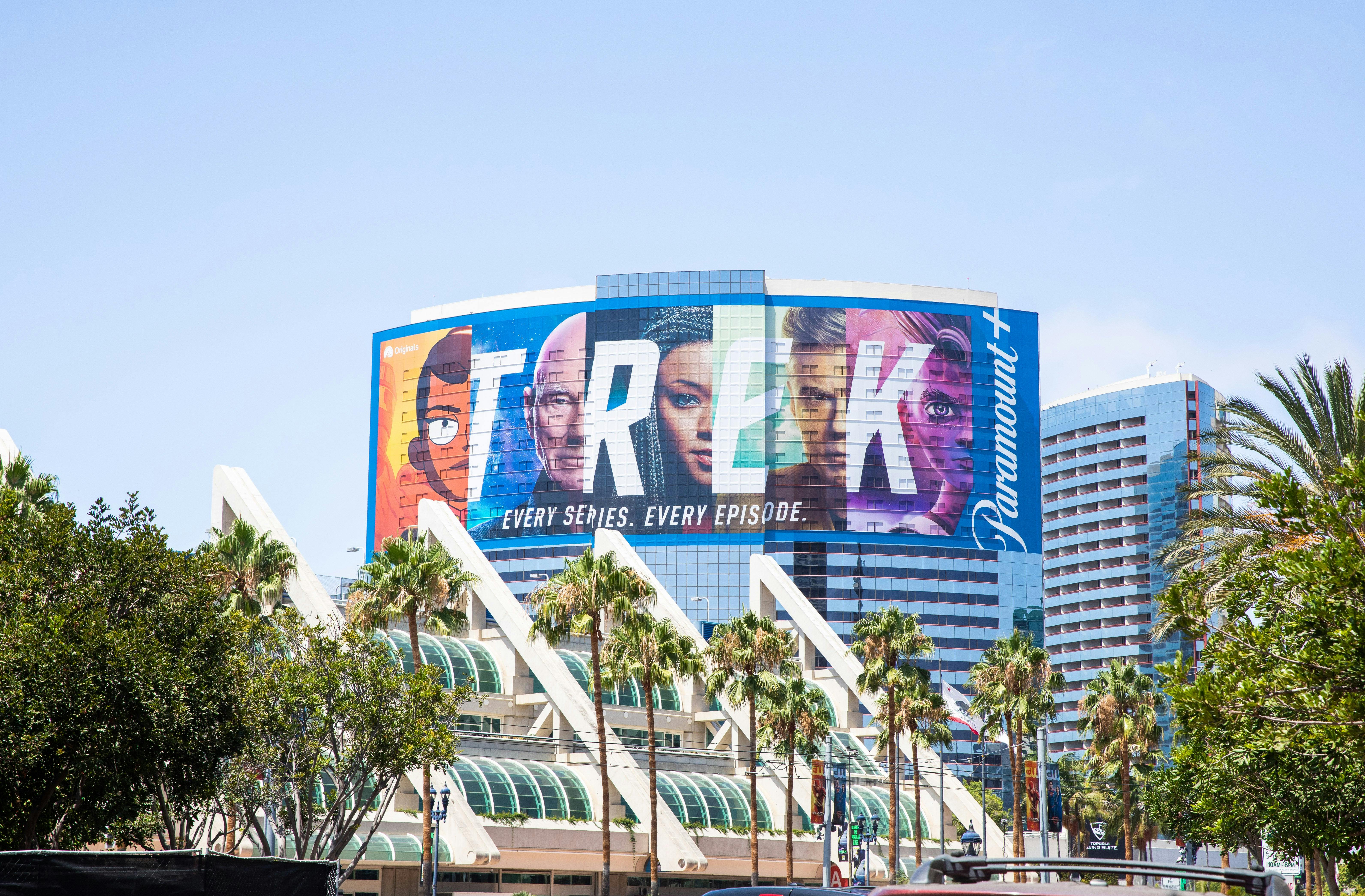 The Star Trek on Paramount+ billboard, featuring Lower Decks, Picard, Discovery, Strange New Worlds, and Prodigy.