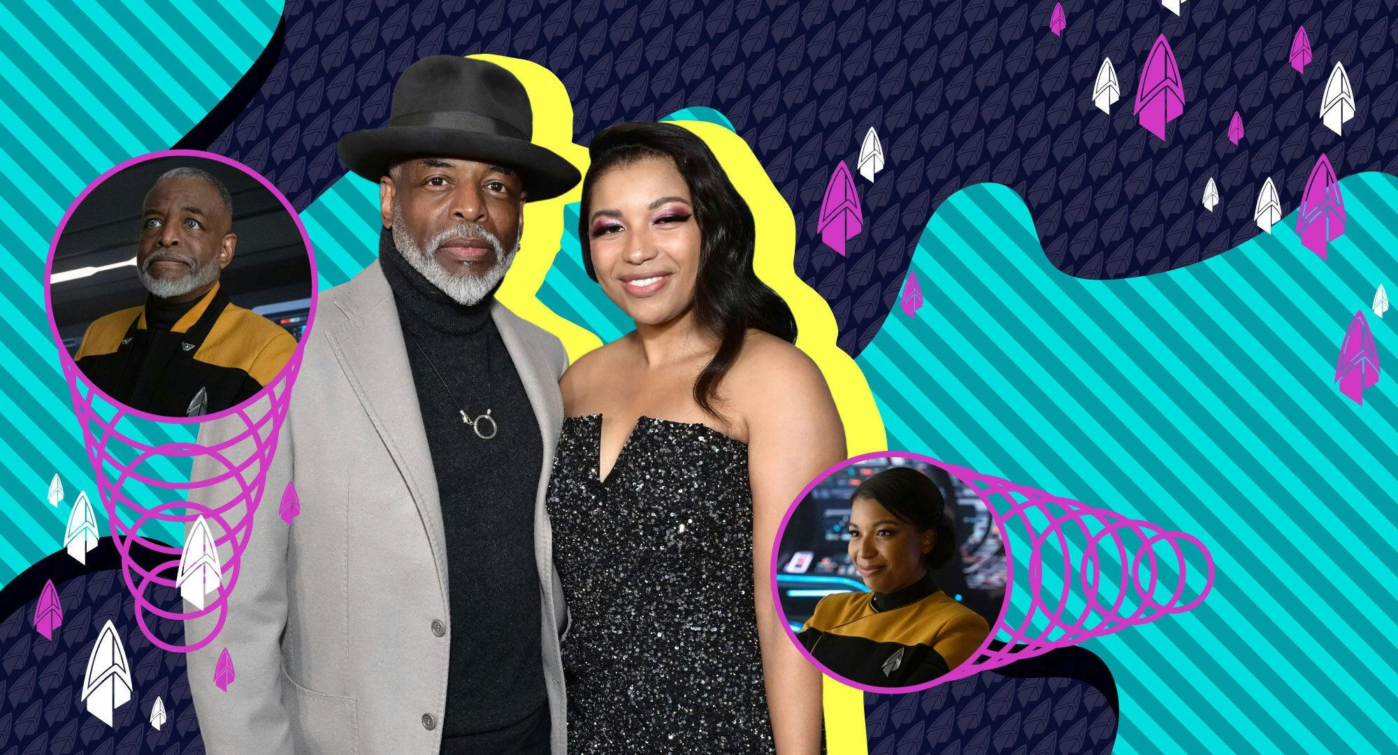 Illustrated banner featuring LeVar and Mica Burton and the characters they play on Star Trek: Picard, Geordi and Alandra La Forge