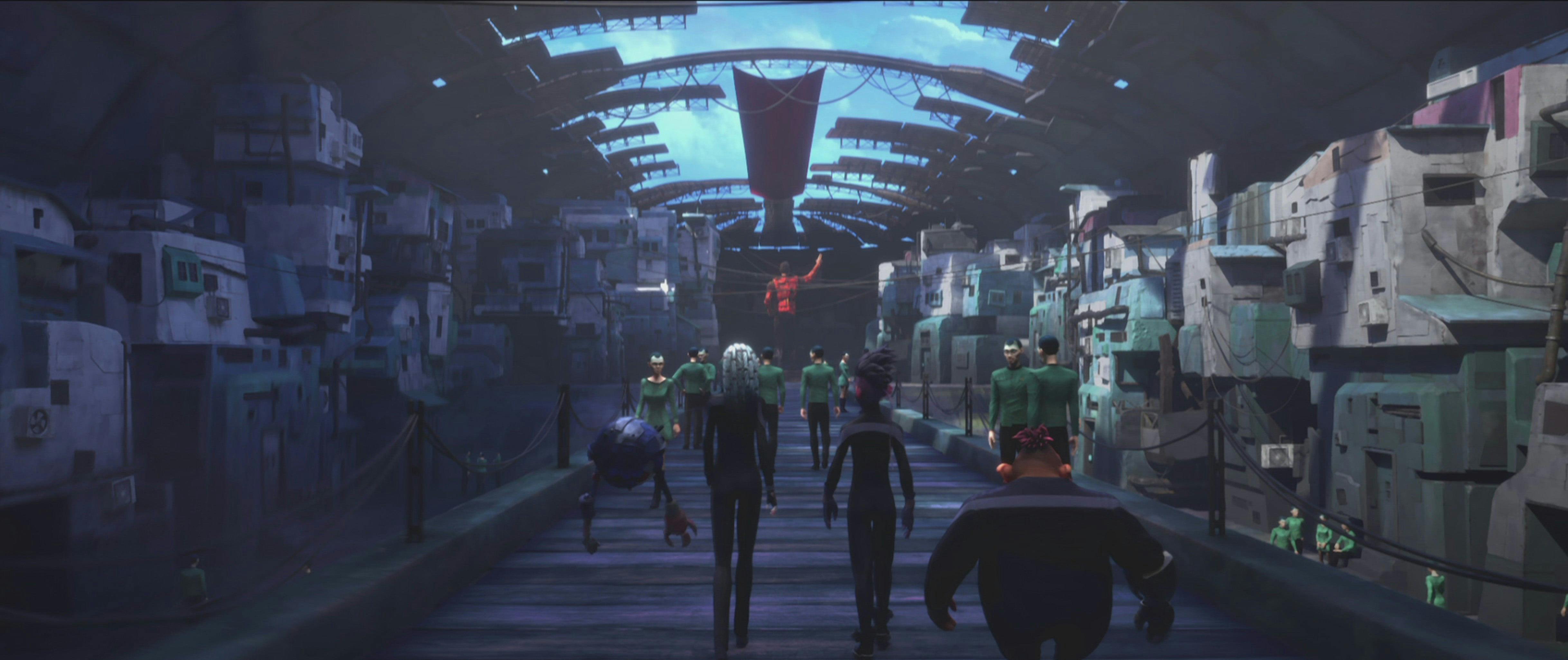 Zero, Gwyn, Dal, and Jankom Pog walk along a path where the Enderprizians reside on Star Trek: Prodigy