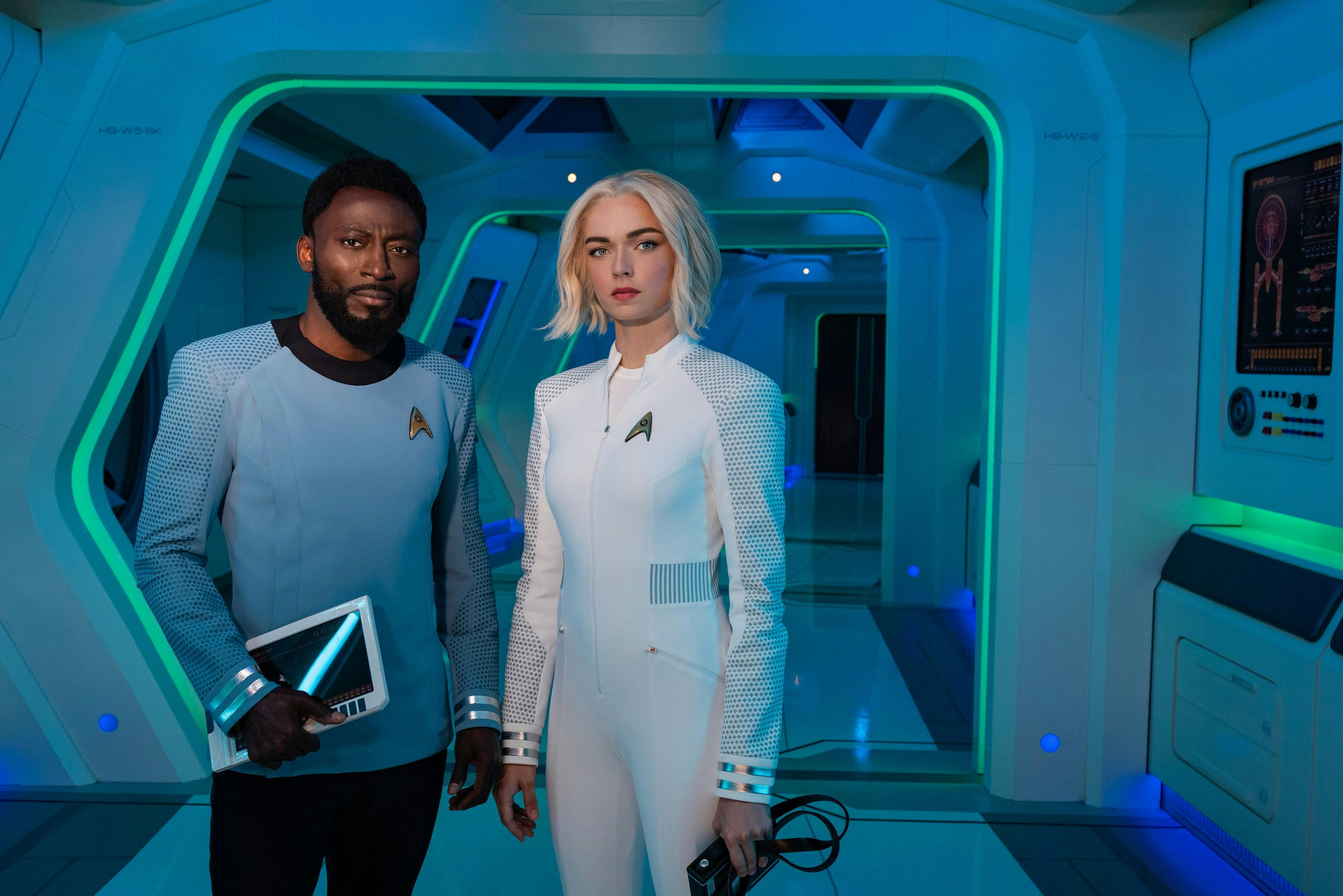 Babs Olusanmokun as M'Benga and Jess Bush as Christine Chapel in Star Trek: Strange New Worlds Season 2 promotional images