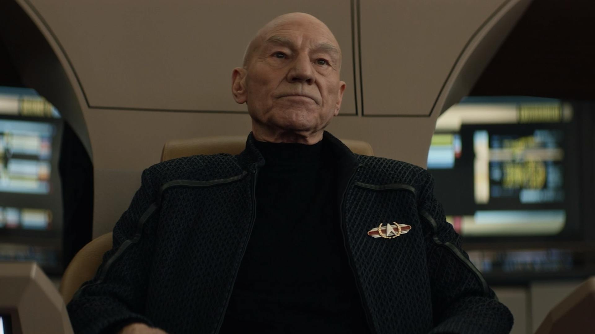 Jean-Luc Picard sits in command on the reconstructed Enterprise-D