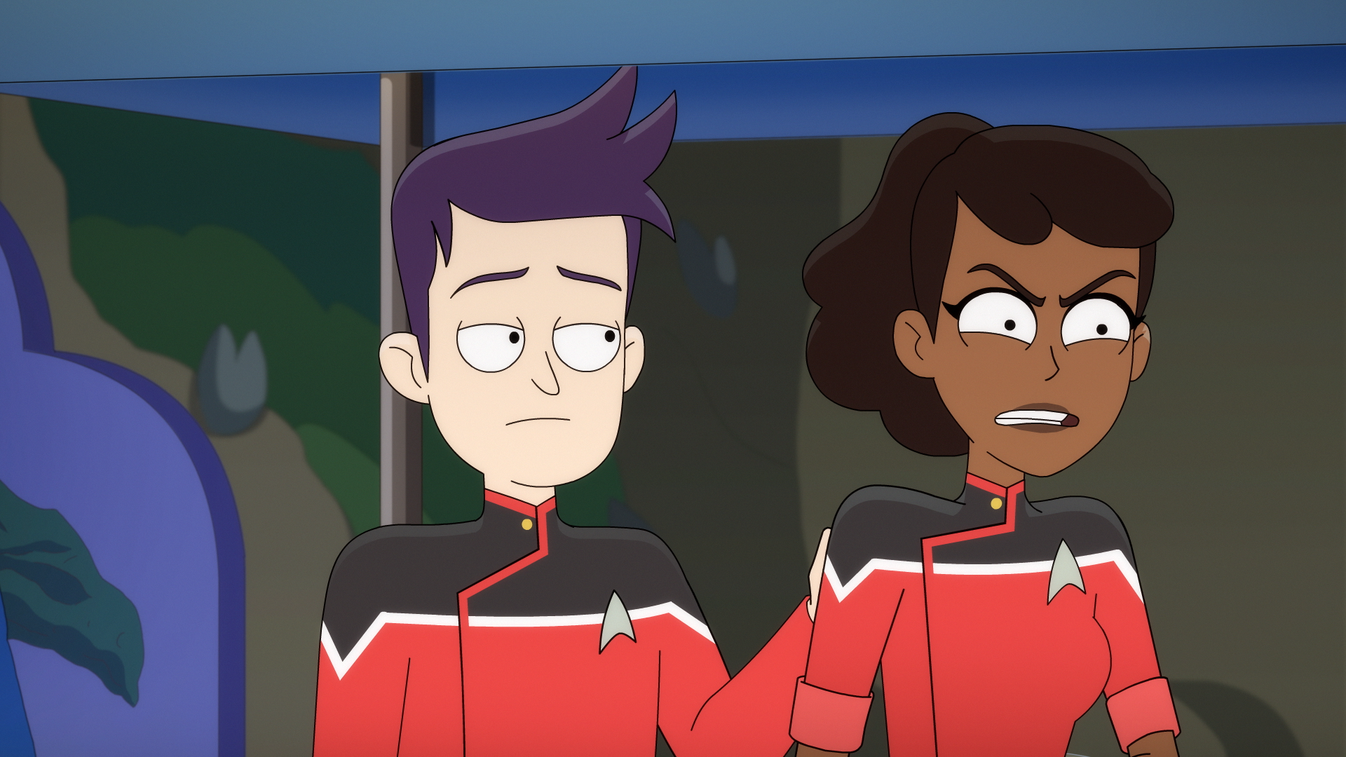 Boimler and Mariner are stuck at the Starfleet recruitment booth in Star Trek: Lower Decks