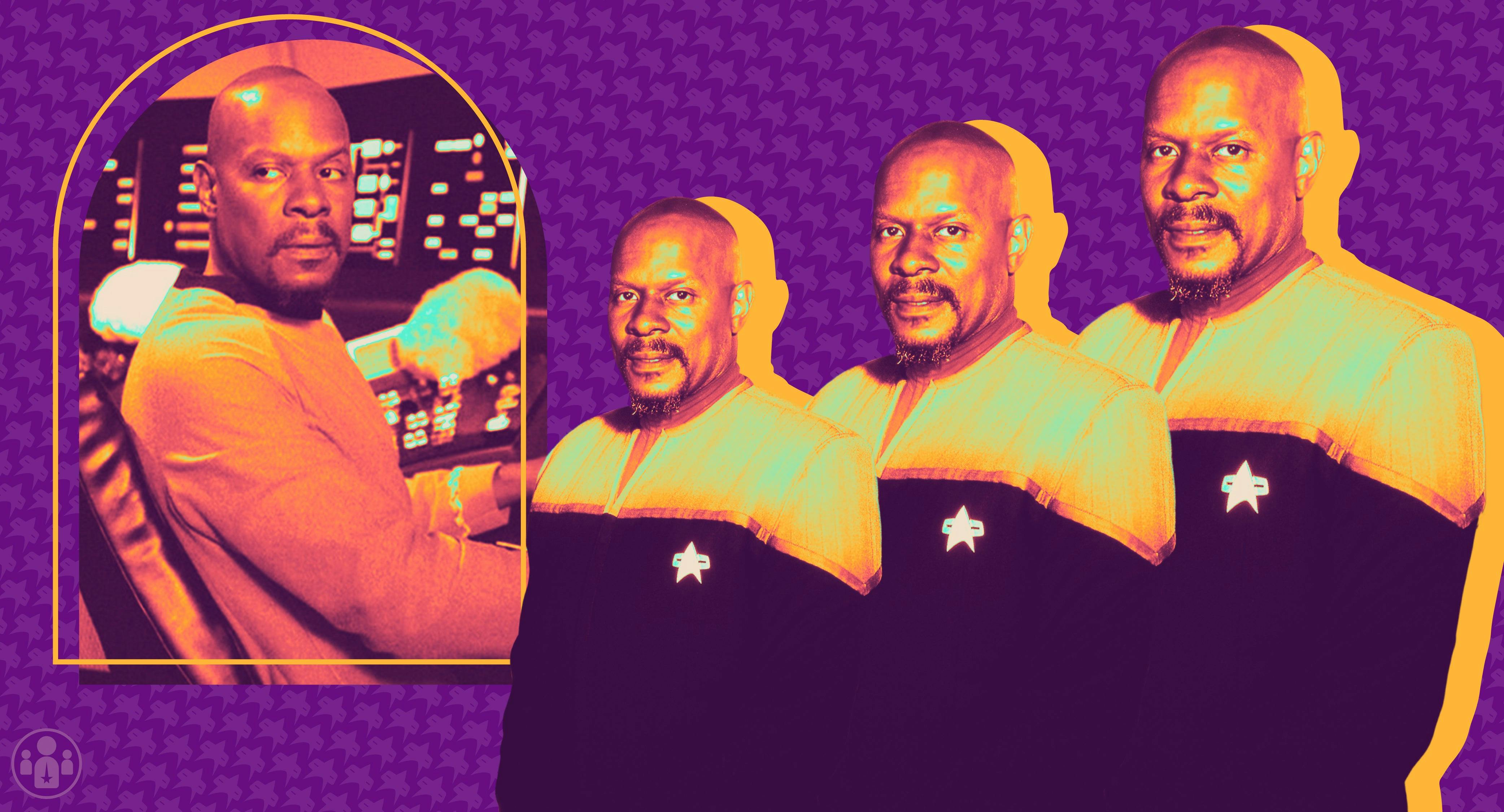 Captain Benjamin Sisko, with an orange filter over the image, stands against a purple background.