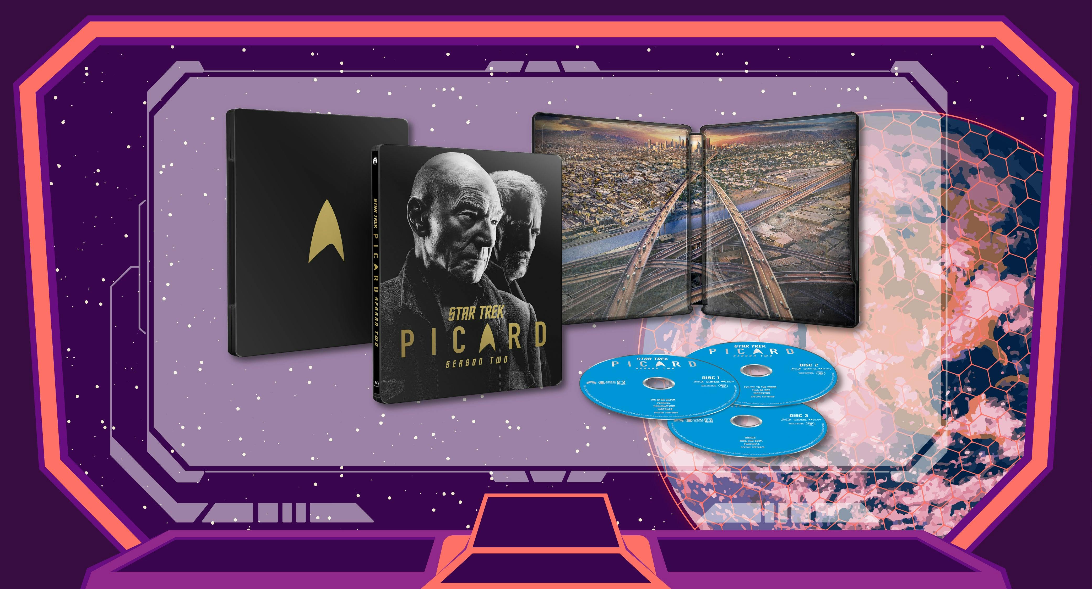 The Star Trek: Picard steelbook - including the inside image of a Starfleet delta formed out of LA highways and the three blue discs that will be included - is displayed against a purple viewscreen.