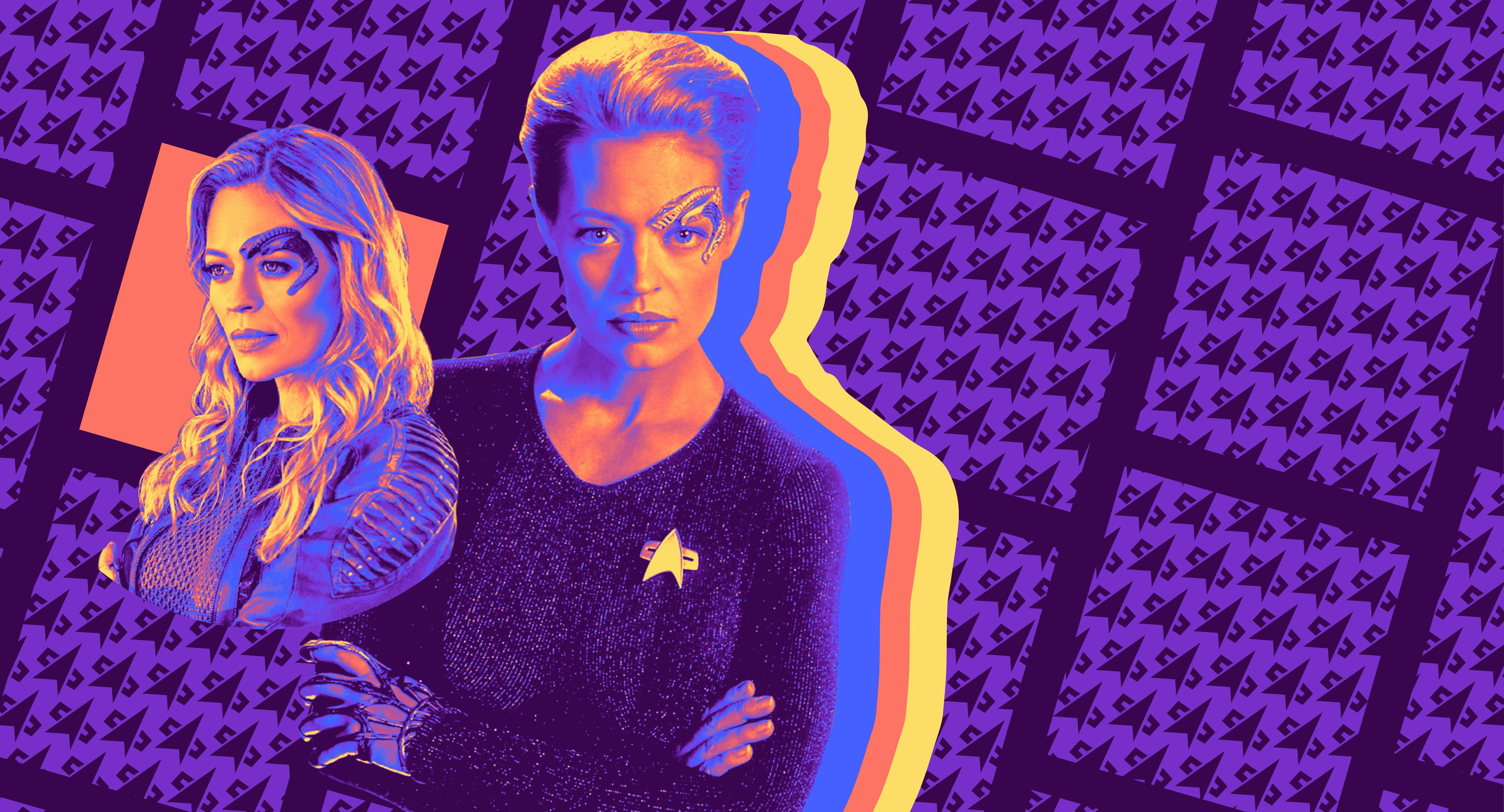 Illustrated banner of Jeri Ryan as Seven of Nine in Star Trek: Voyager and Star Trek: Picard