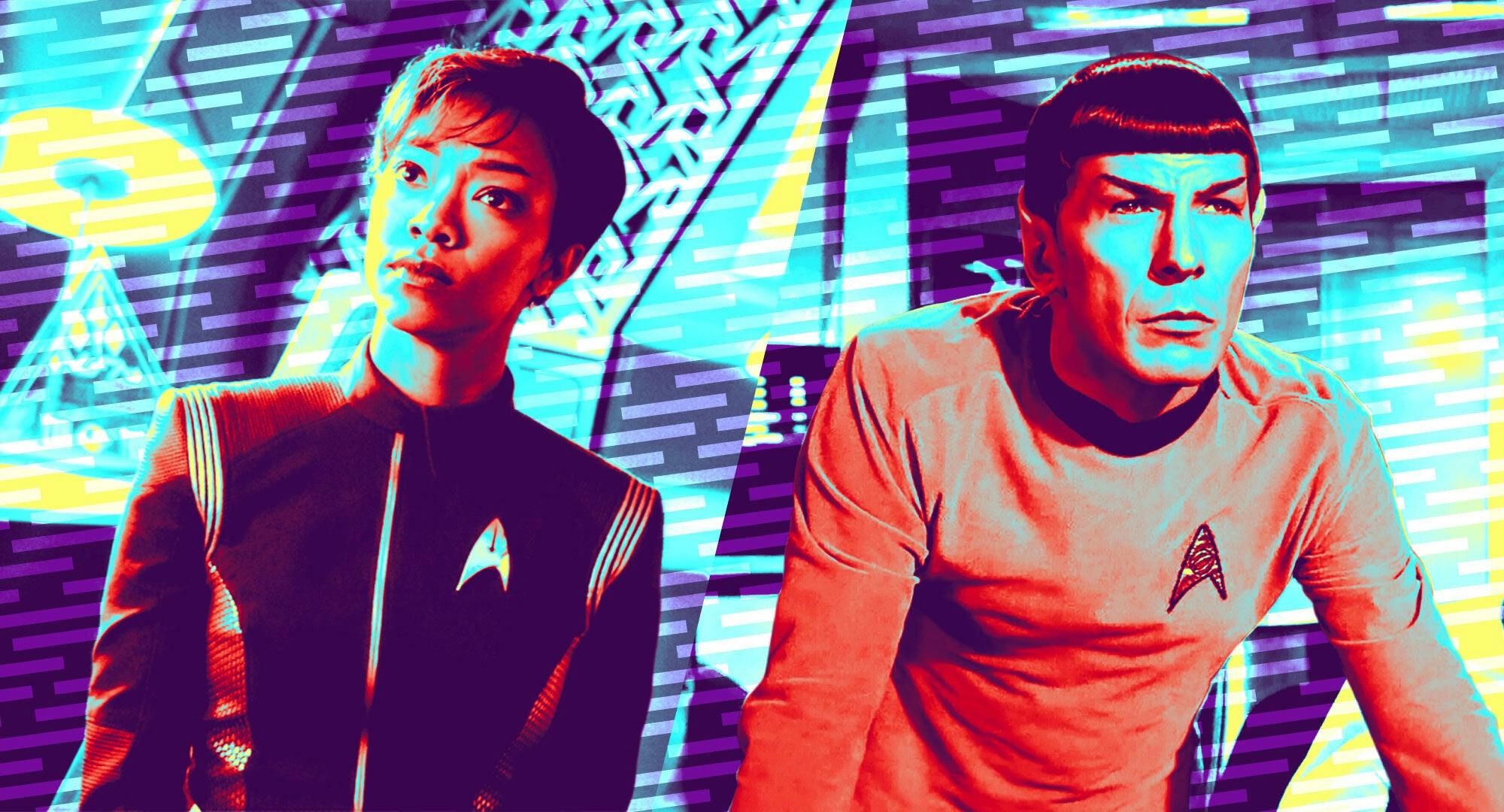 Illustrated banner featuring Star Trek: Discovery's Michael Burnham and The Original Series' Spock