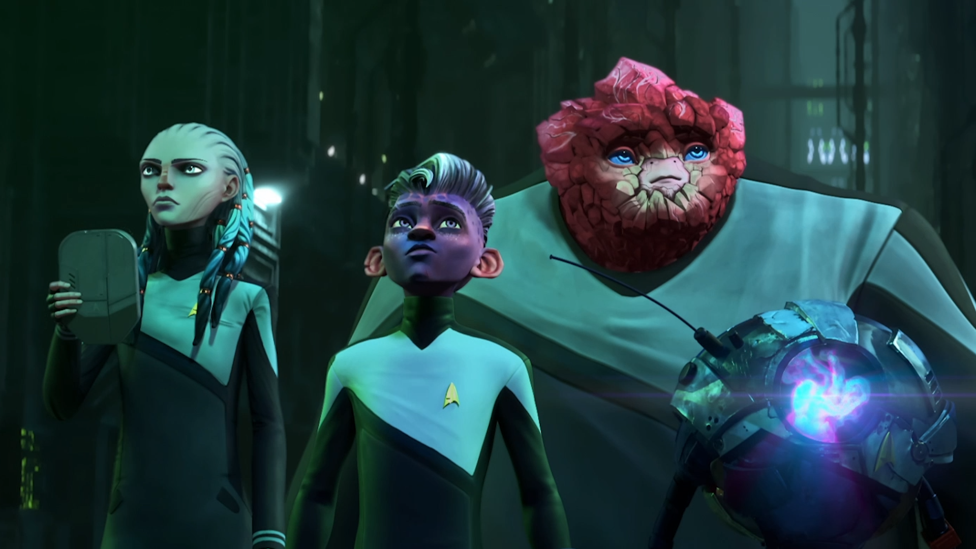 The Protostar crew Gwyn, Dal, Rok-Tahk, and Zero take a look around the Borg Cube on Star Trek: Prodigy