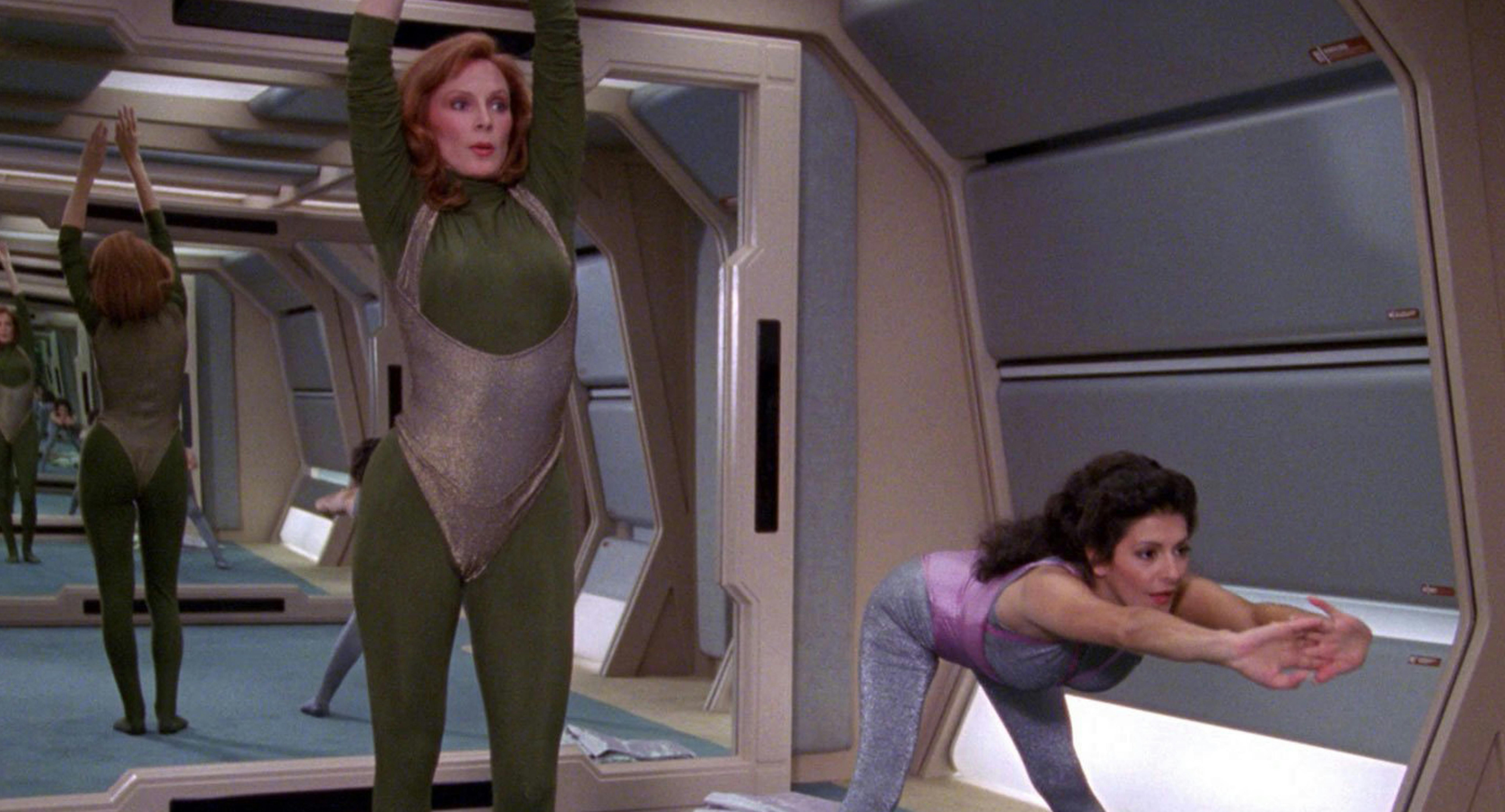 Dr. Crusher and Deanna Troi stretching in aerobics class on The Next Generation
