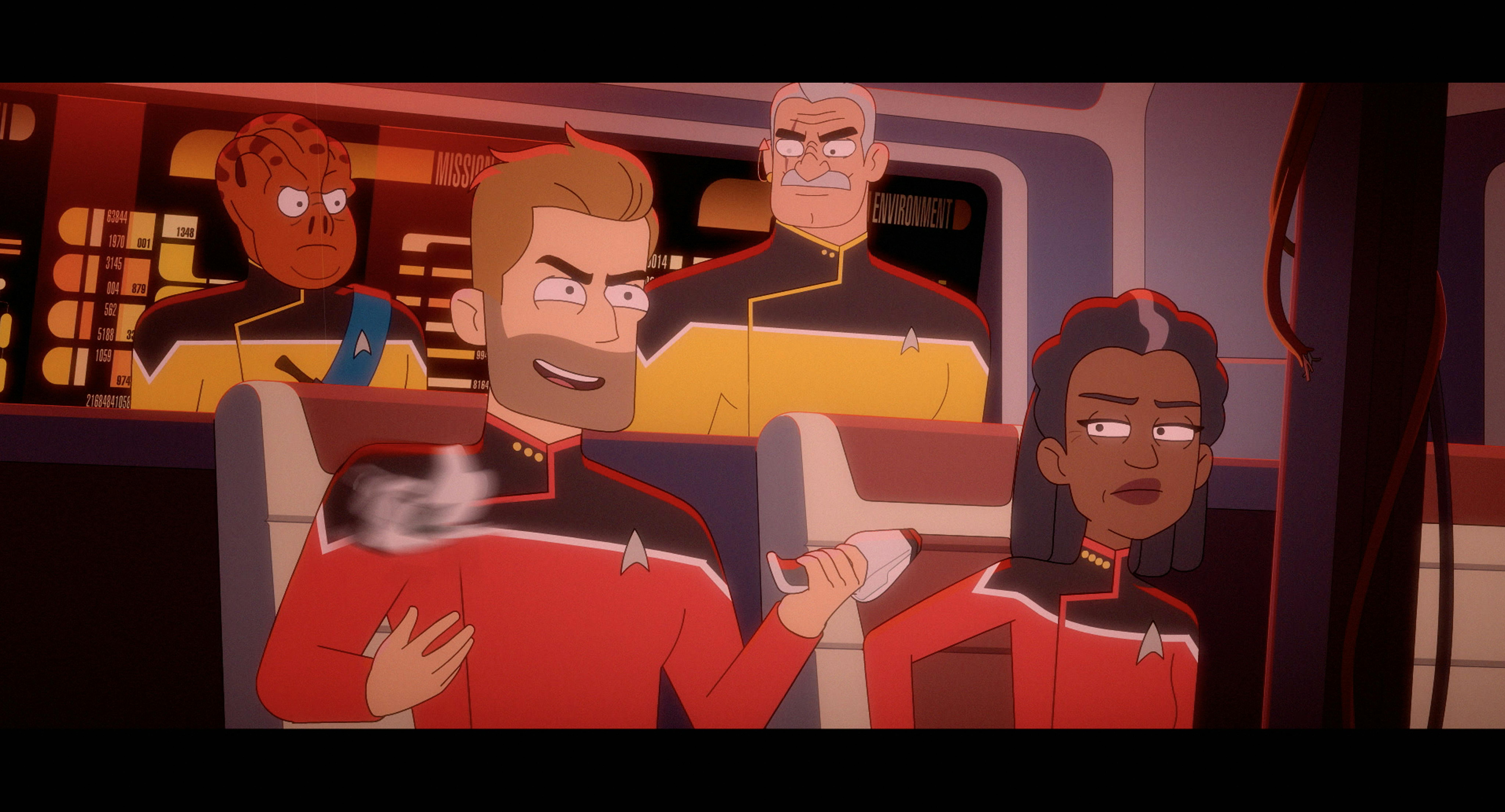 Still of Kayshon, Ransom, Shaxs, and Freeman on the Bridge of Star Trek: Lower Decks