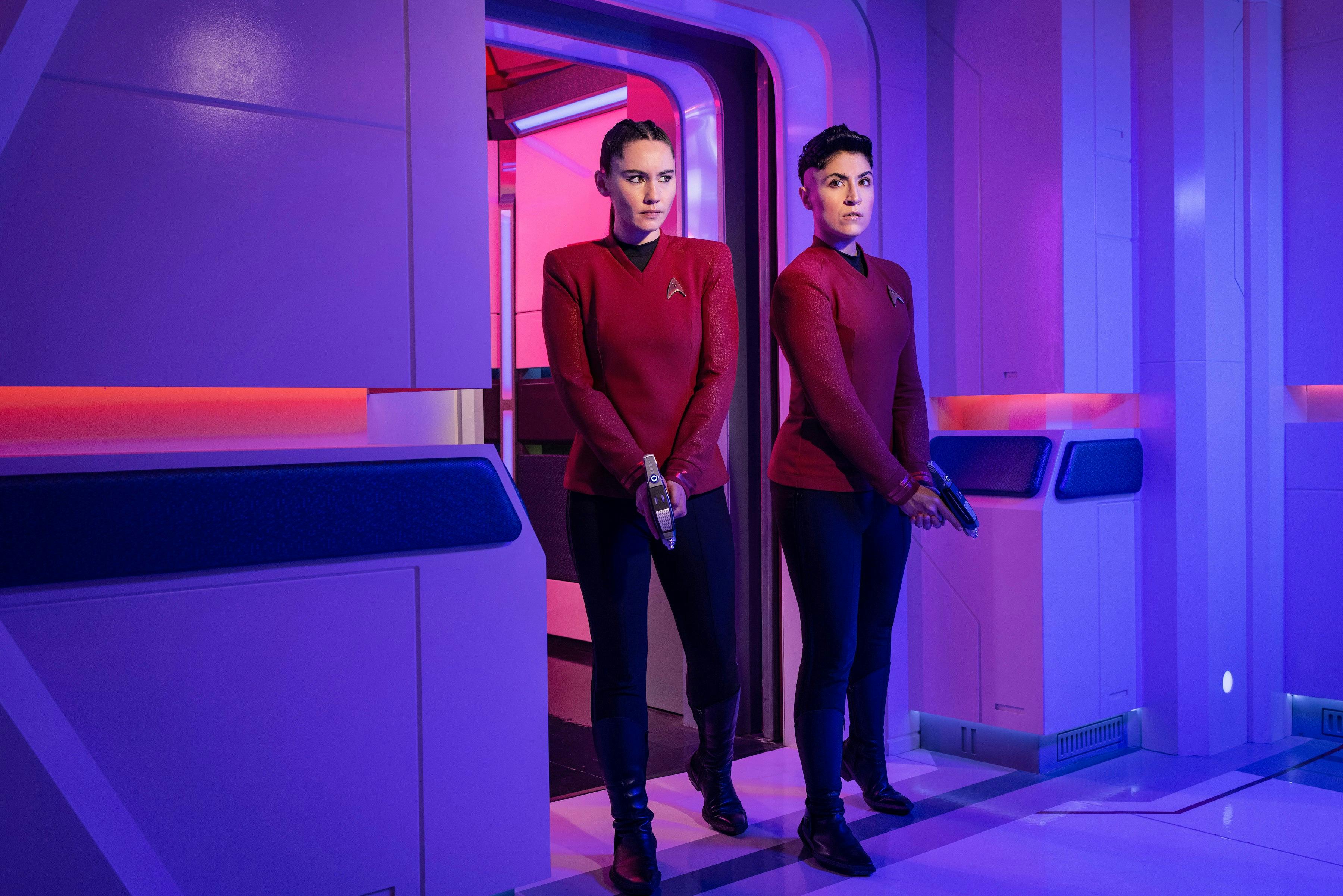 Christina Chong as La'An and Melissa Navia as Erica Ortegas in Star Trek: Strange New Worlds Season 2 promotional images