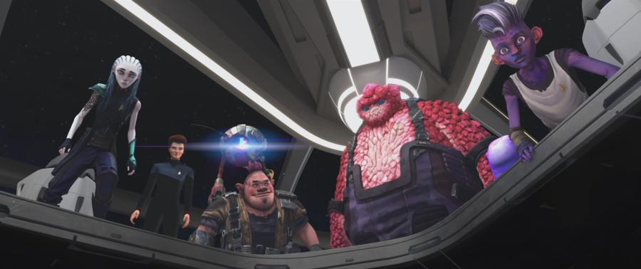 Gwyn, Holo-Janeway, Zero, Jankom Pog, Rok-Tahk, Murf, and Dal look down at an open panel on the Protostar bridge on Star Trek: Prodigy