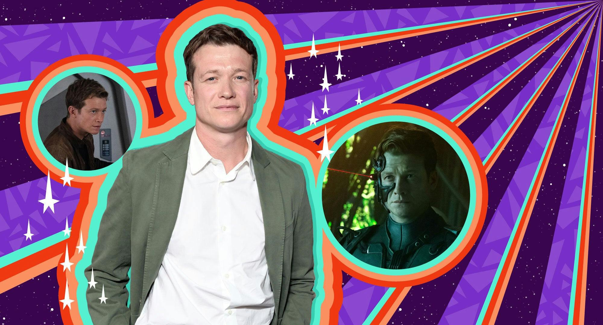 Illustrated banner featuring Ed Speleers and his Star Trek: Picard character Jack Crusher and Võx