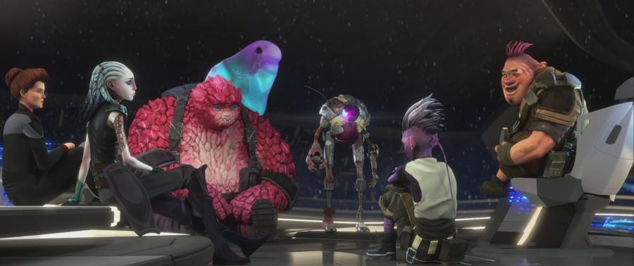 On the bridge of the Protostar, the crew sits in a circle looking to Dal on Star Trek: Prodigy