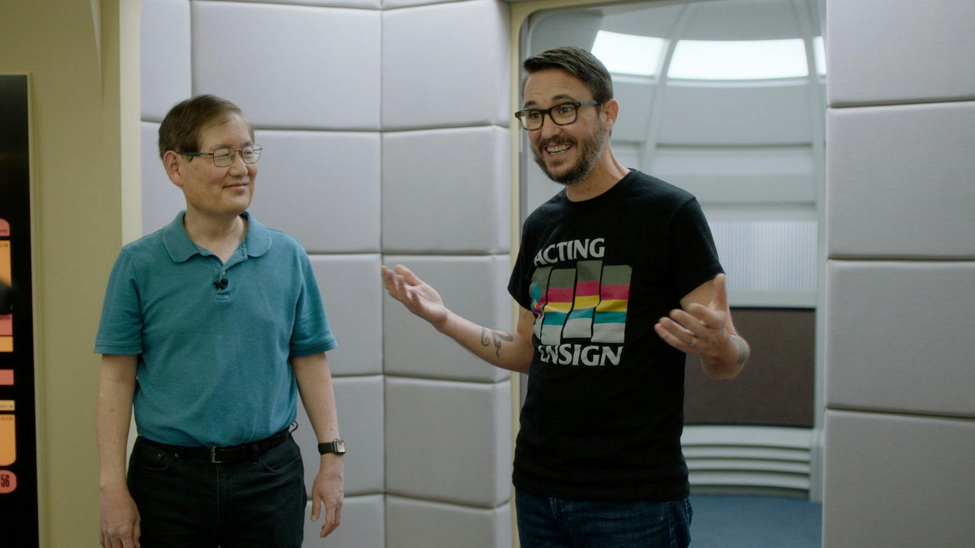 Mike Okuda shows Wil Wheaton the reconstructed Enterprise-D designed for Star Trek: Picard