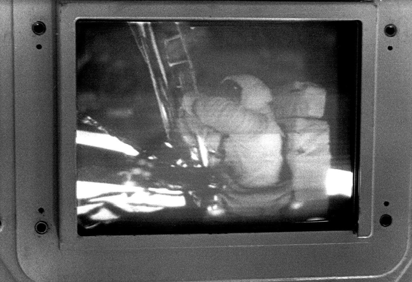 Photograph of a monitor at the Honeysuckle Creek tracking station in Australia where television images from the moon were received before being rebroadcast to networks. 