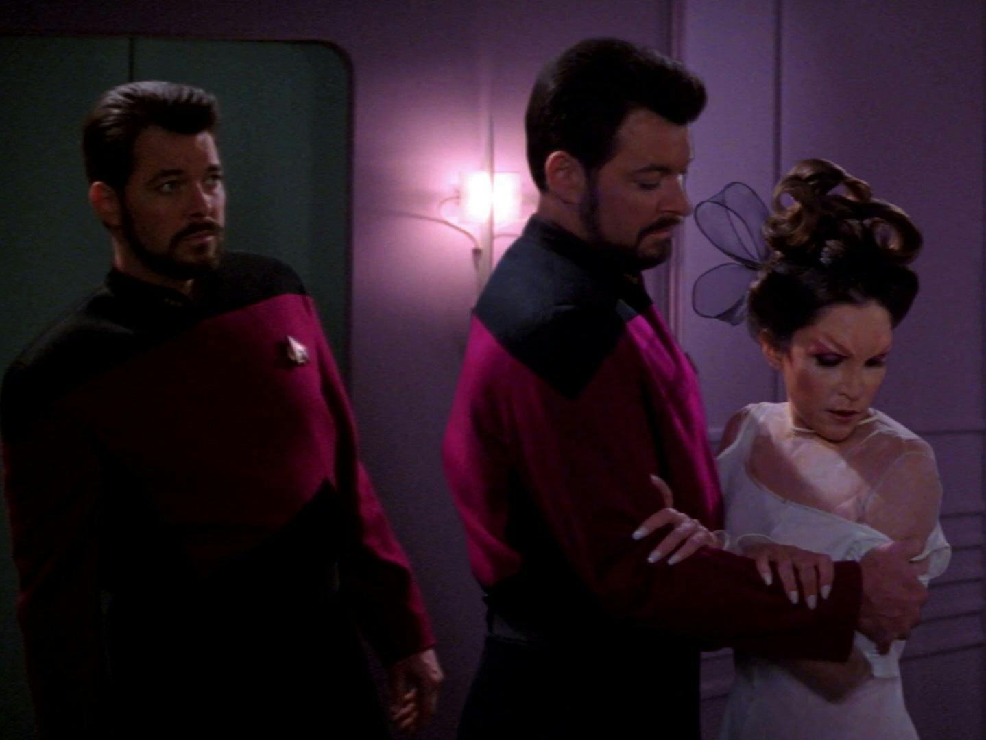 Riker watches a visual interpretation of a crime he's accused of committing on Star Trek: The Next Generation