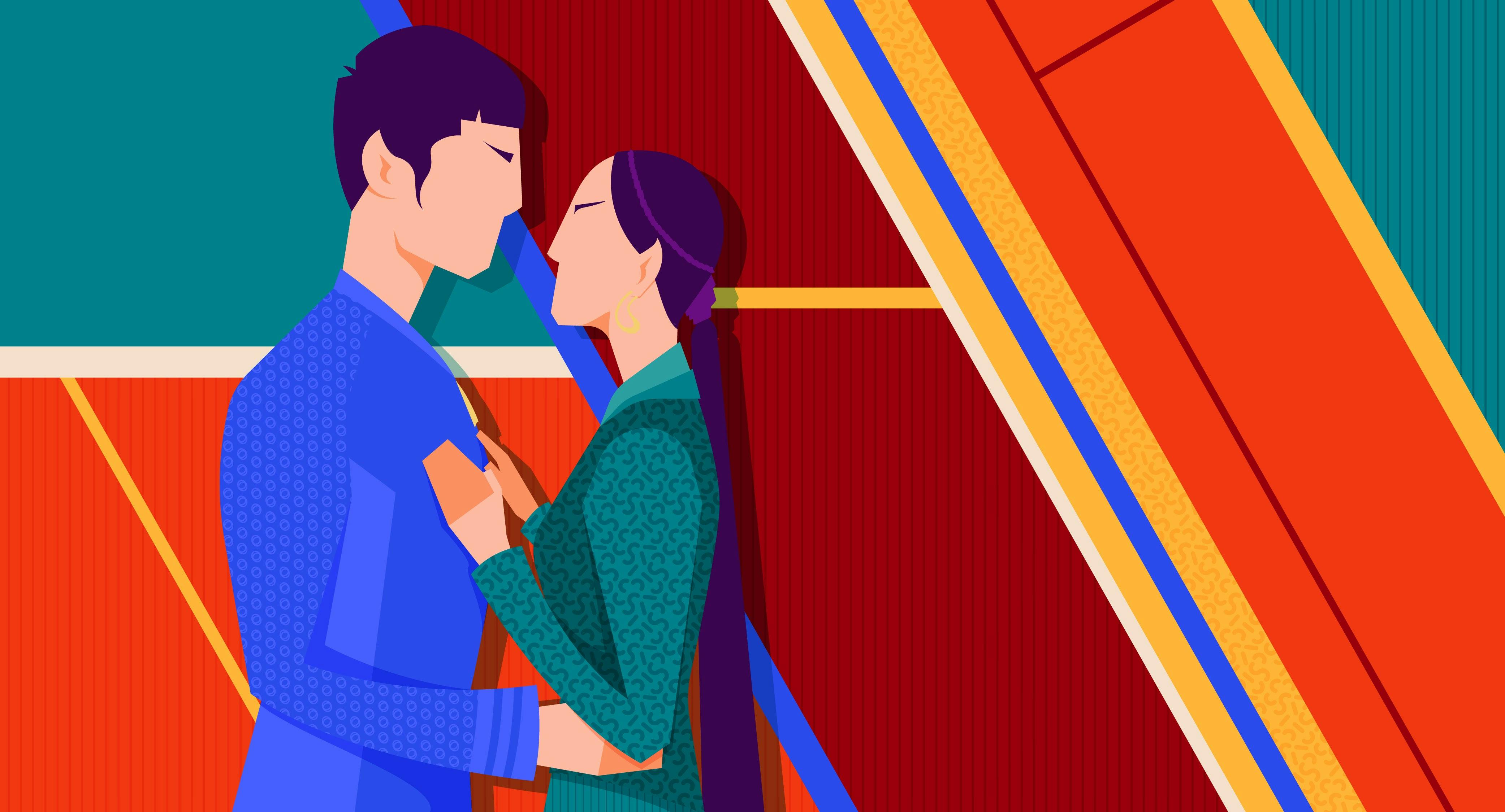 An illustrated Spock and T'Pring (Strange New Worlds) embracing against a red and teal background.