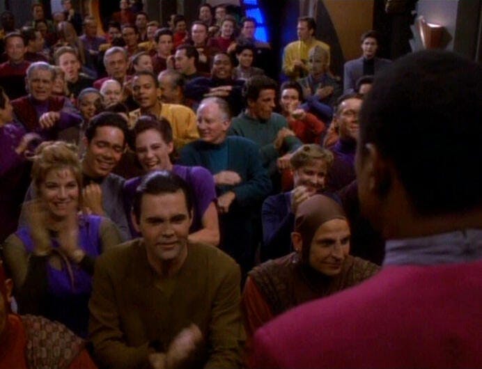Sisko addresses the Bajorans on the space station in 'In the Hands of the Prophets'