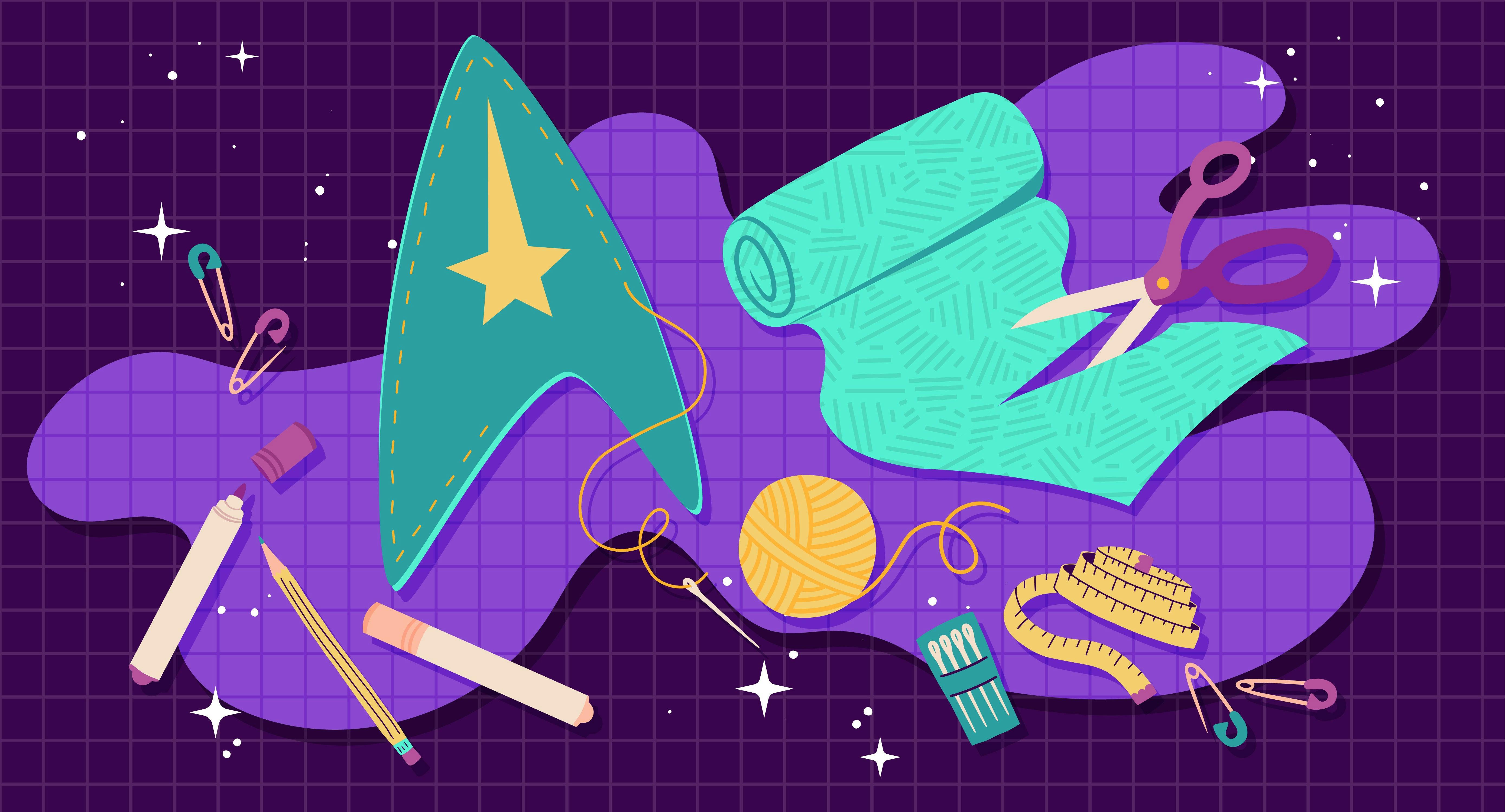 Illustrated banner of the Starfleet insignia with craft materials like thread, scissors, and felt sheets