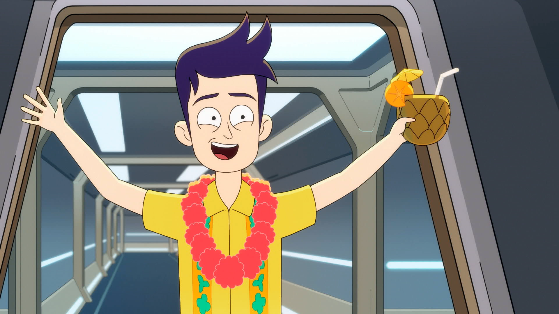 Boimler, wearing a Hawaiian shirt and holding a pineapple drink, in a still image from Star Trek: Lower Decks season two, episode nine