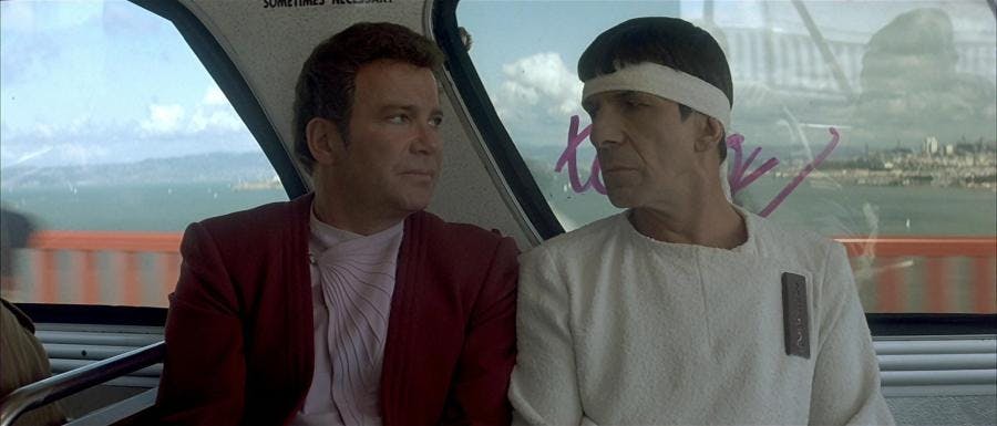 Kirk and Spock sit on the bus in Star Trek: The Voyage Home