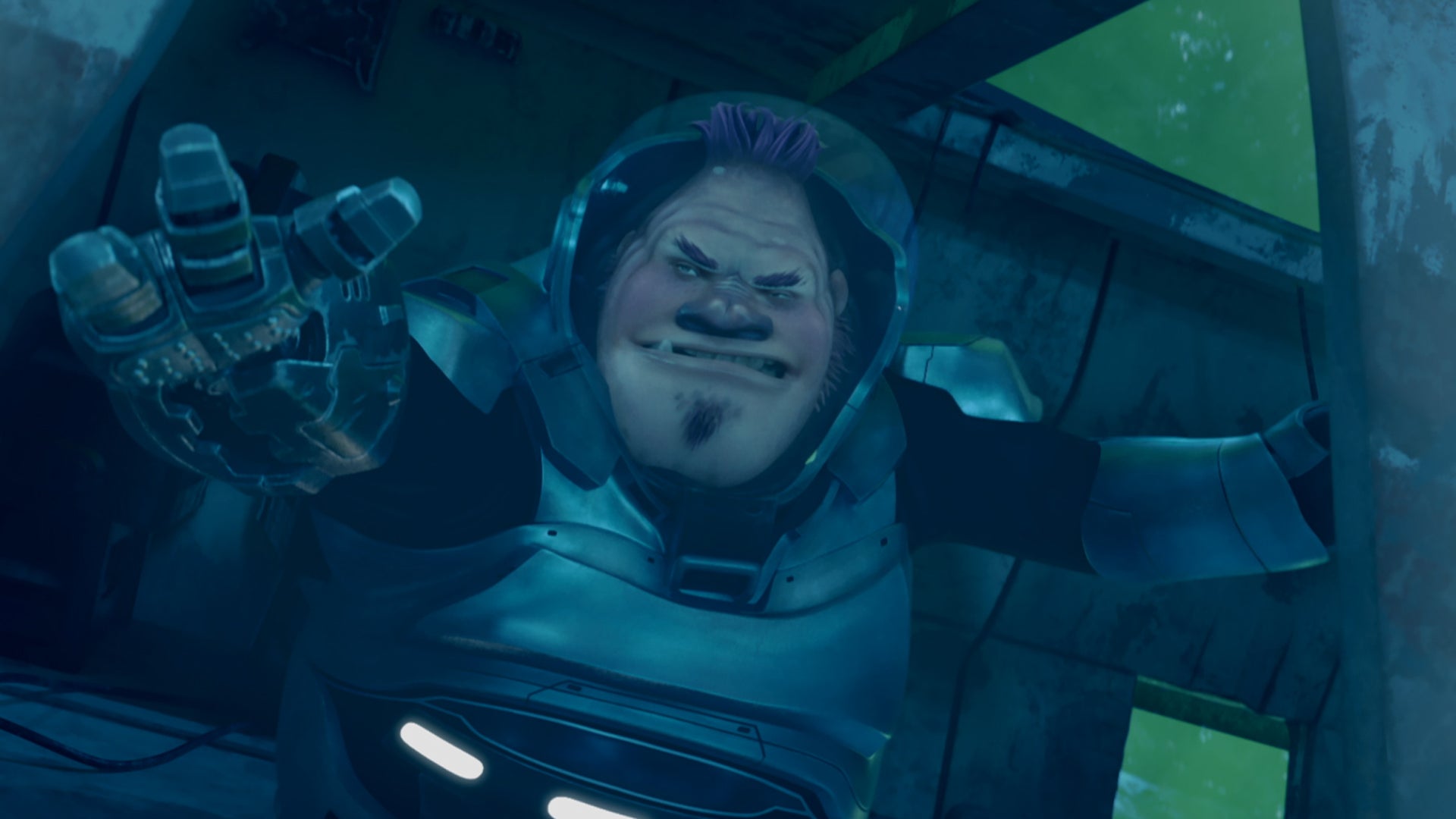 At the opening of a vessel, Jankom Pog in his space suit reaches out in front of him with one hand and the other hand is holding the ship's opening in Star Trek: Prodigy