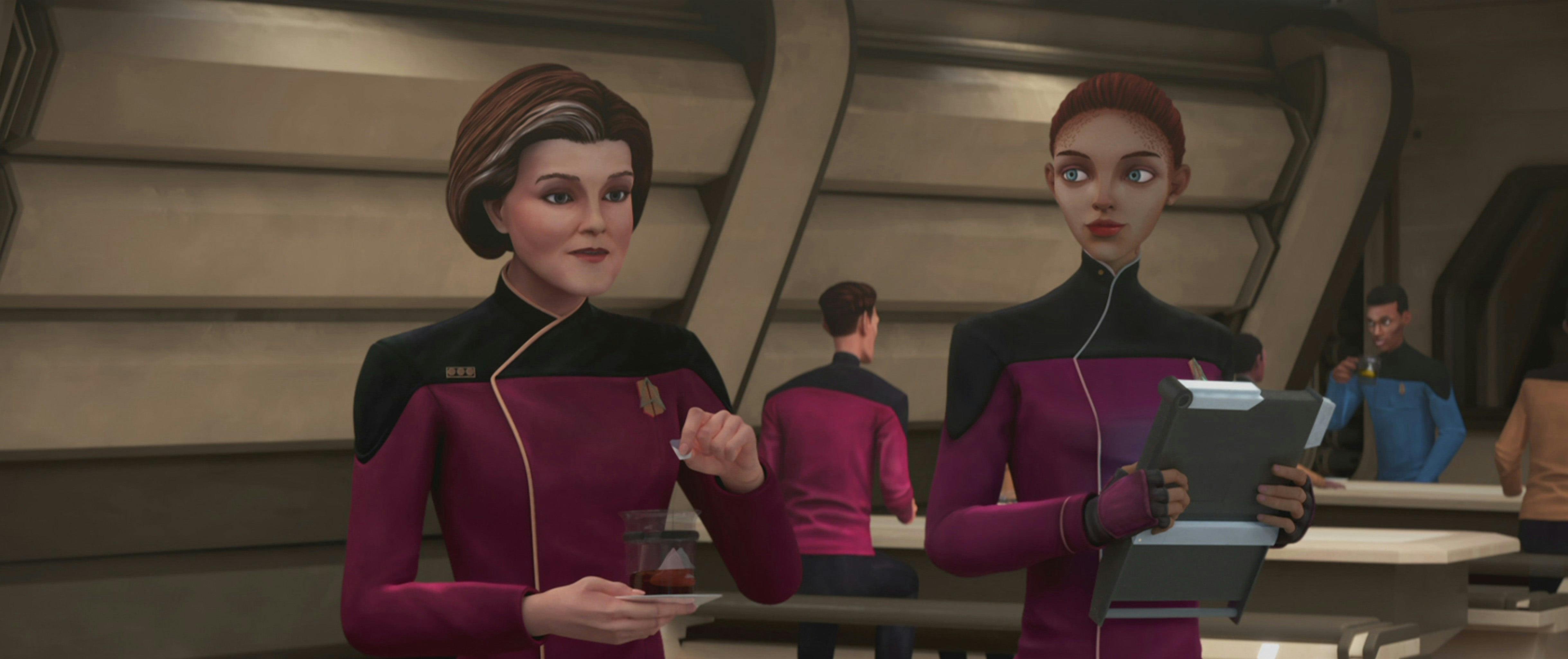 Admiral Janeway prepares a cup of tea as Ensign Ascencia looks over while holding a clipboard on Star Trek: Prodigy