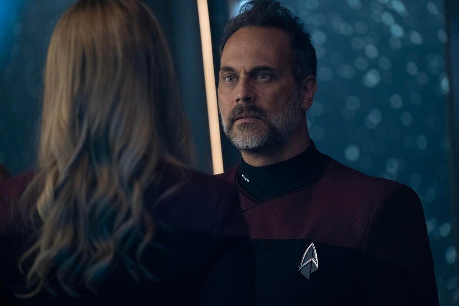 Captain Liam Shaw looks sternly across from Seven on Star Trek: Picard