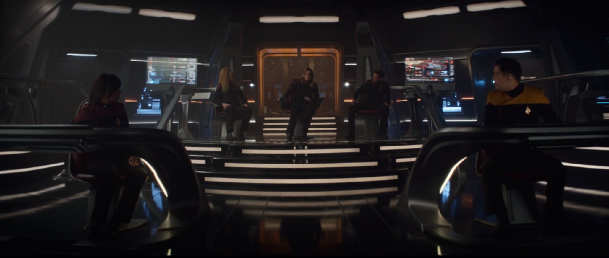 The new crew of the U.S.S. Enterprise-G on the bridge with Captain Seven, First Officer Raffi, Ensign Jack Crusher, Lt. Sidney La Forge, and Lt. Mura in 'The Last Generation'