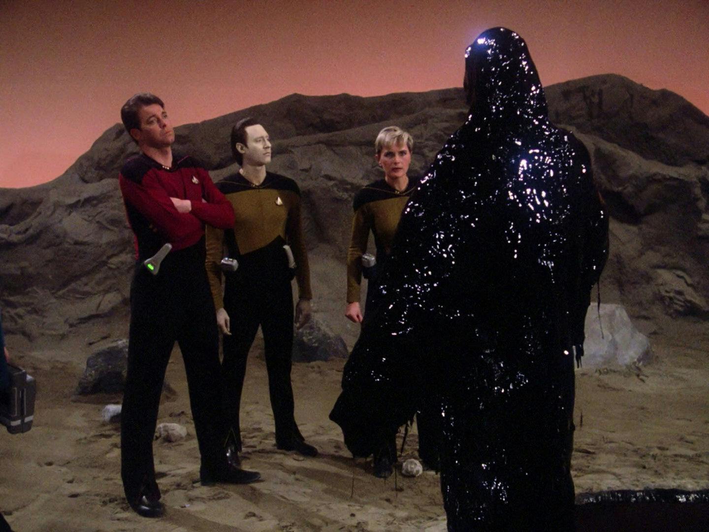 Armus faces Riker, Data, and Tasha Yar in 'Skin of Evil'