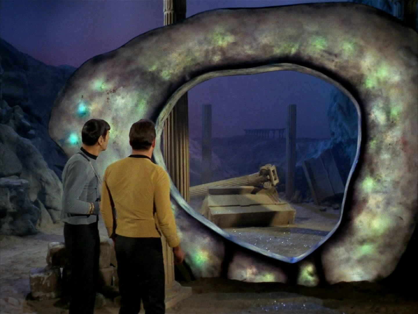 Kirk and Spock talk to the Guardian of Forever in the episode 