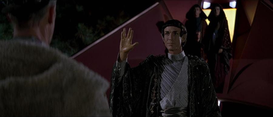 The Vulcan leader greets Cochrane with the Vulcan salute 'live long and prosper'