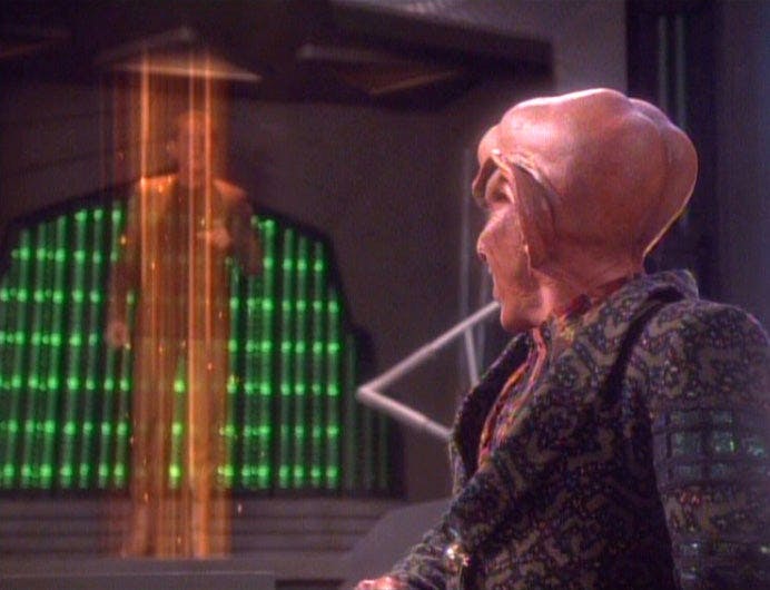 Odo uses a transporter to beam Odo to a docking hatch on Star Trek: Deep Space Nine
