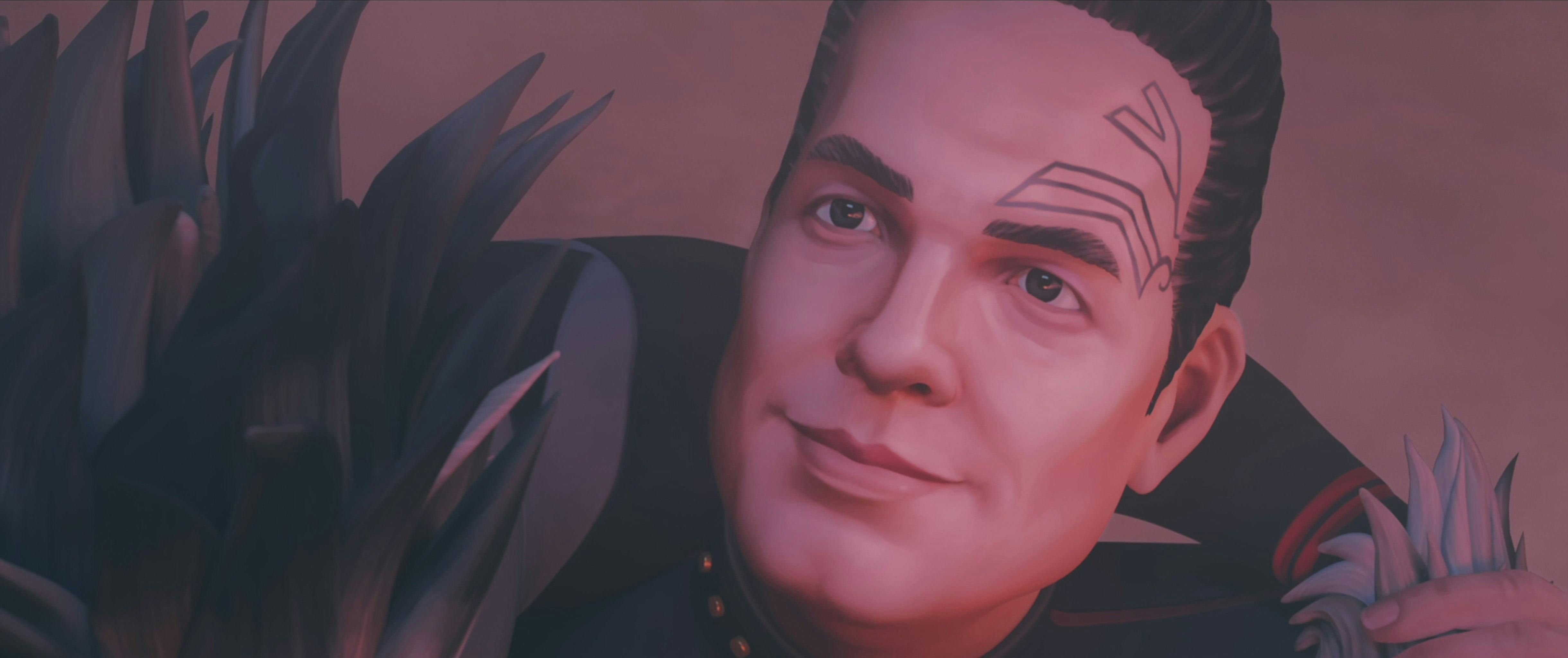 A close-up of Captain Chakotay's face with a neutral slight smile on Prodigy