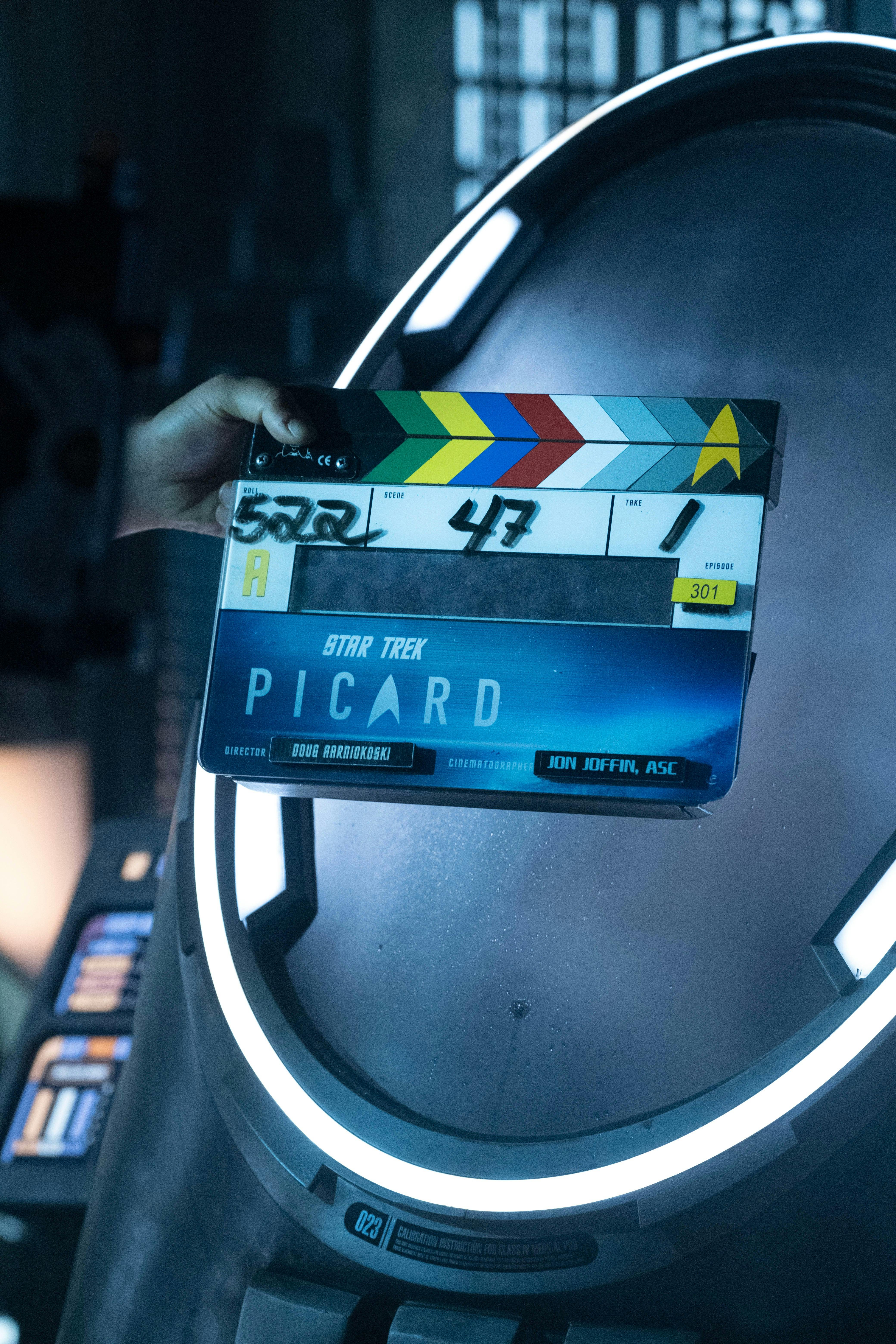 Star Trek: Picard BTS still - production clapperboard in front of a stasis pod