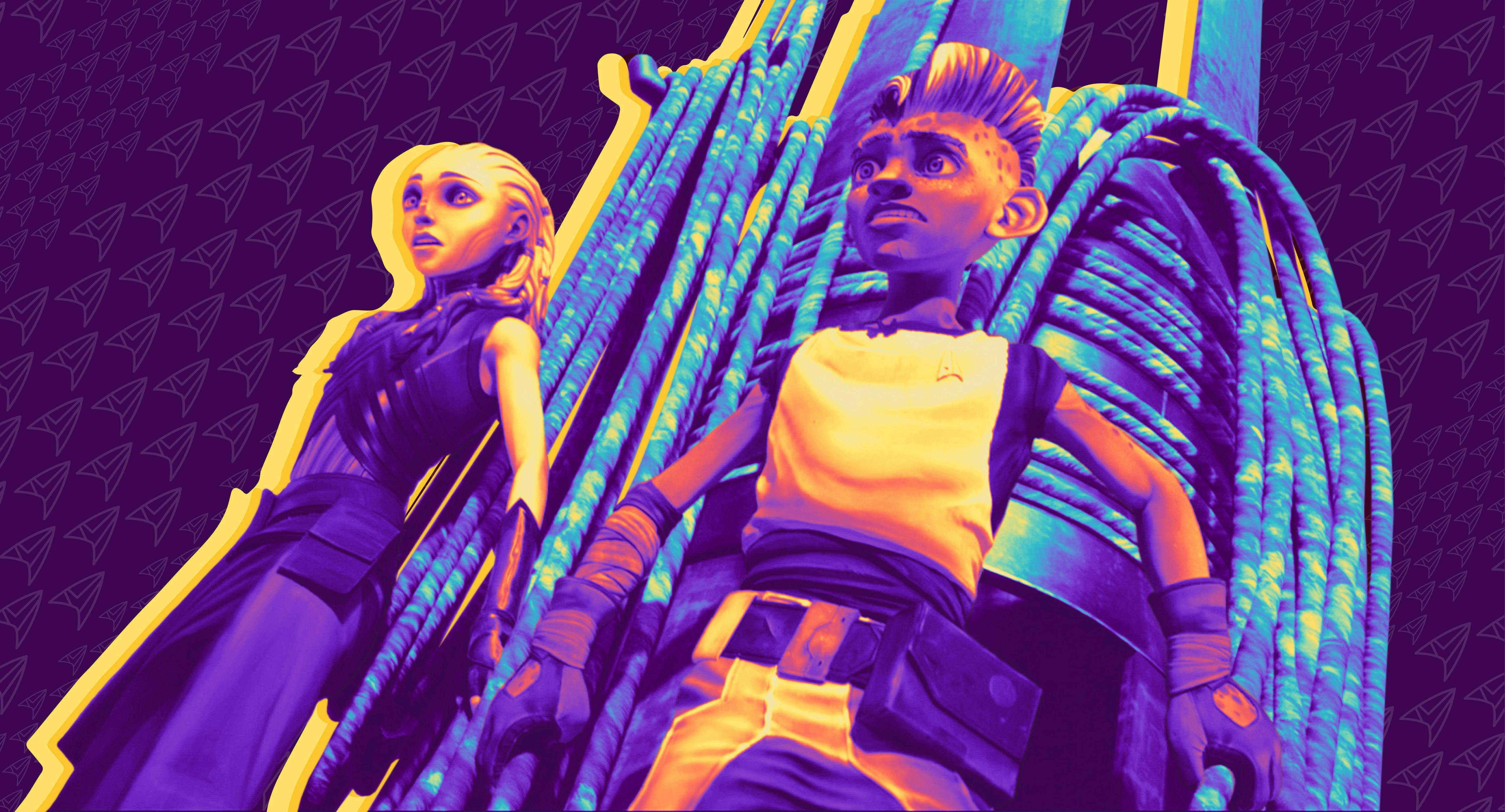 Illustrated banner of a concerned and slightly terrified Gwyn and Dal up against a pole on Star Trek: Prodigy