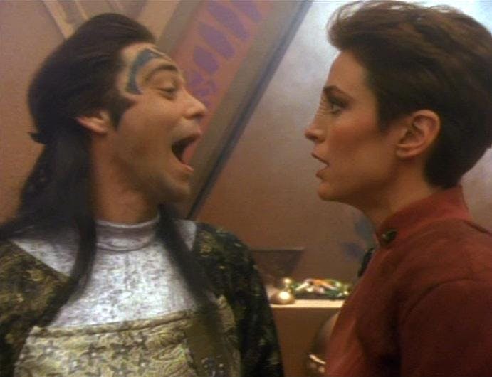 A Wadi shouts at Major Kira's face inside a game on Star Trek: Deep Space Nine's 'Move Along Home'