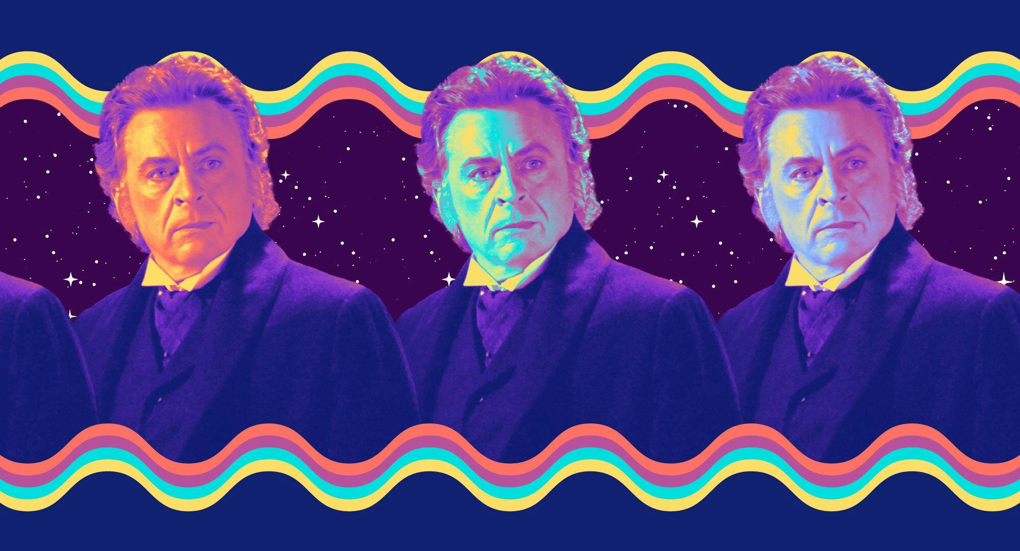Three of the same images of Professor Moriarty from TNG in a row on a stylized background