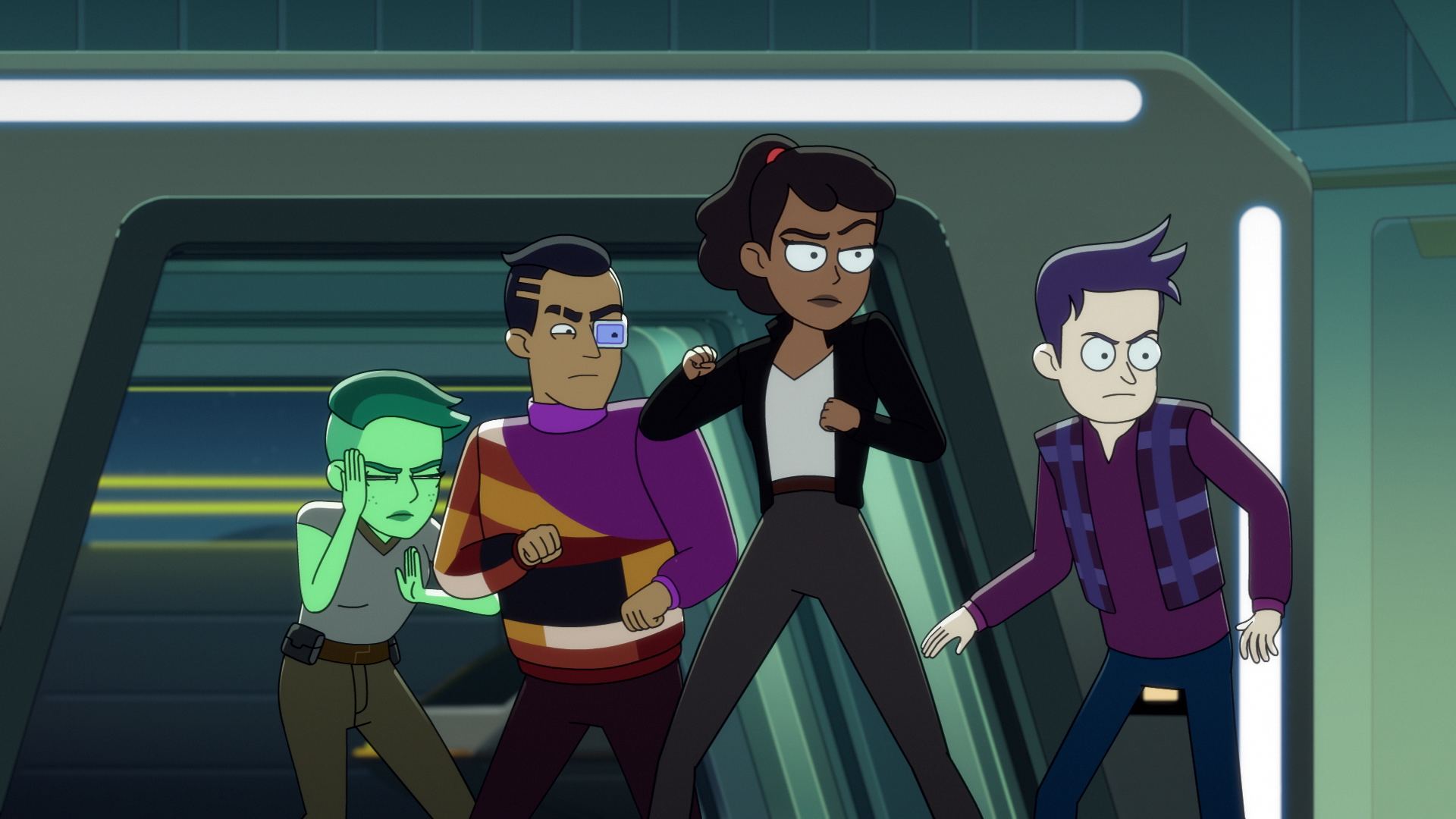 Star Trek: Lower Decks - Grounded still of Tendi, Rutherford, Mariner and Boimler